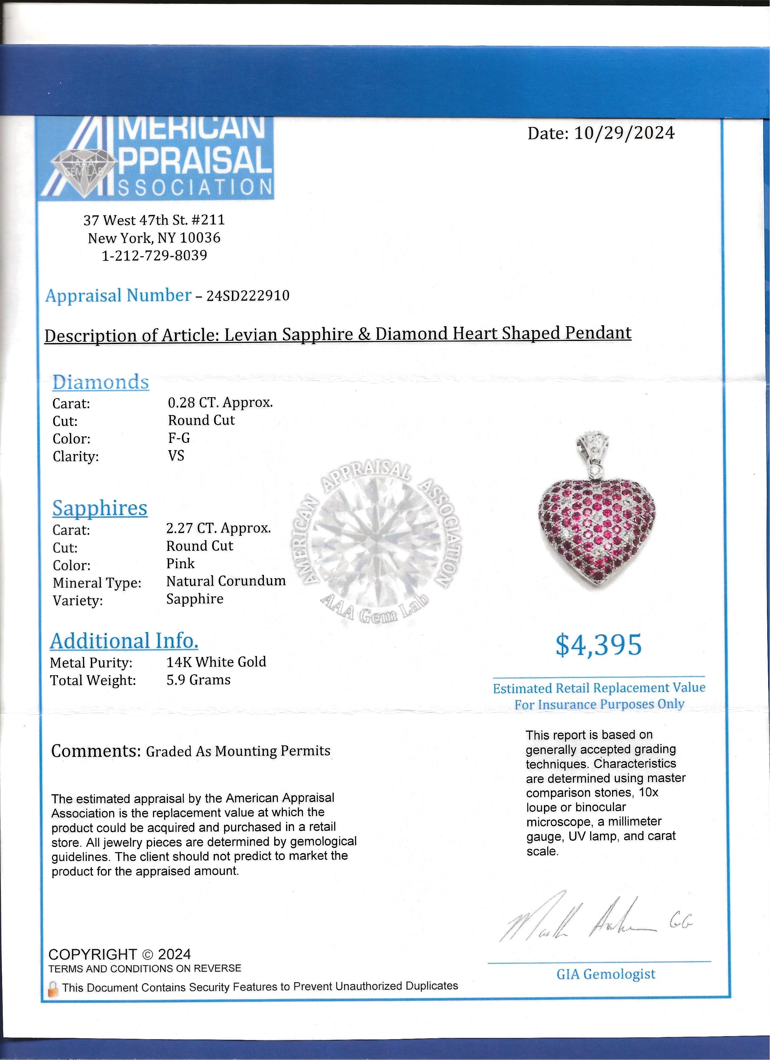 Le Vian Pendentif en or blanc 14 carats, saphir rose et diamant en forme de cœur Pour femmes en vente