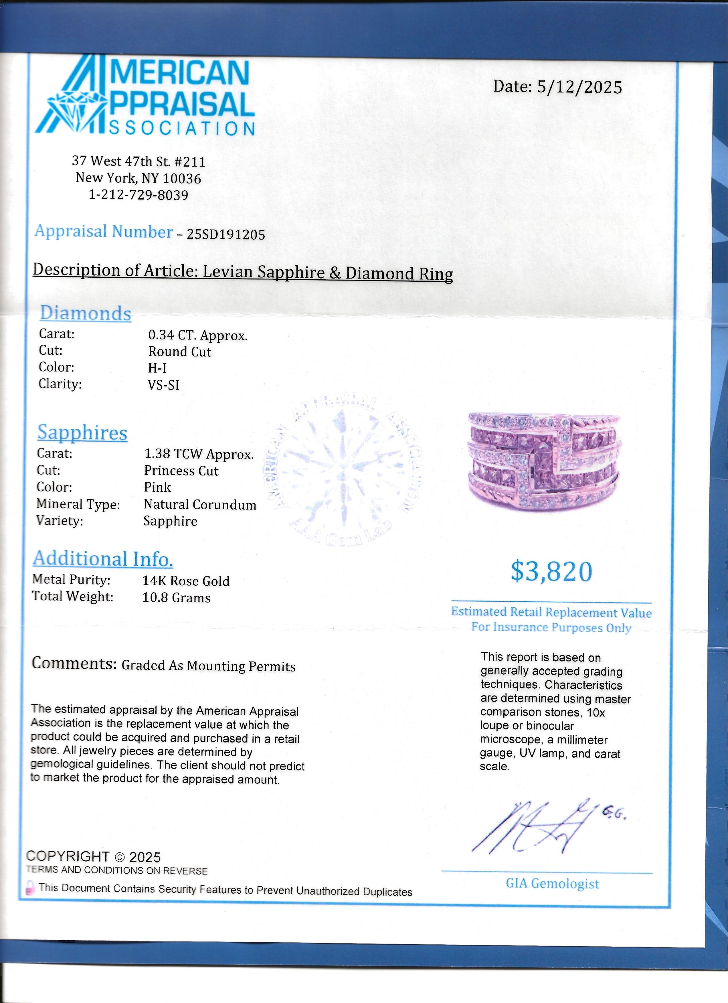Le Vian Princess Pink Sapphire & Diamond Multi Row Band Ring 14 Karat Rose Gold For Sale 7