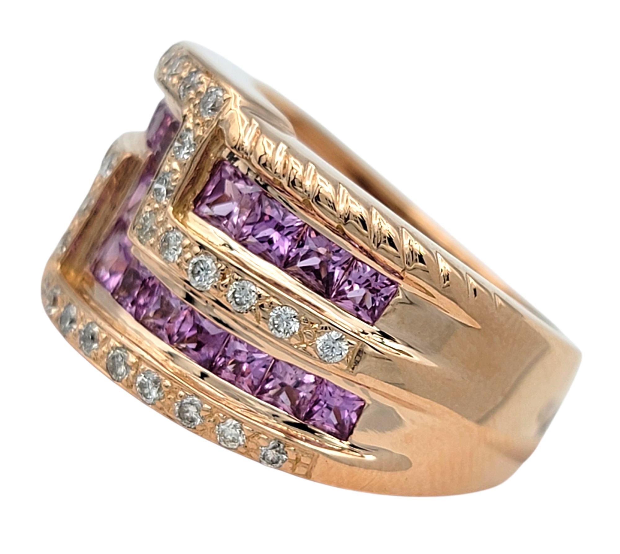 Ring Size: 7

This shimmering statement ring from Le Vian is a striking blend of color, brilliance, and bold geometry. Featuring a structured, openwork design, the band showcases rows of princess-cut pink sapphires that radiate with a vivid hue. The