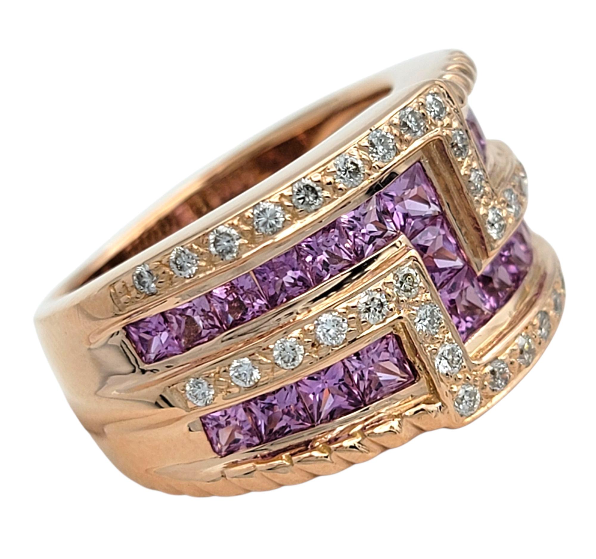 Contemporary Le Vian Princess Pink Sapphire & Diamond Multi Row Band Ring 14 Karat Rose Gold For Sale