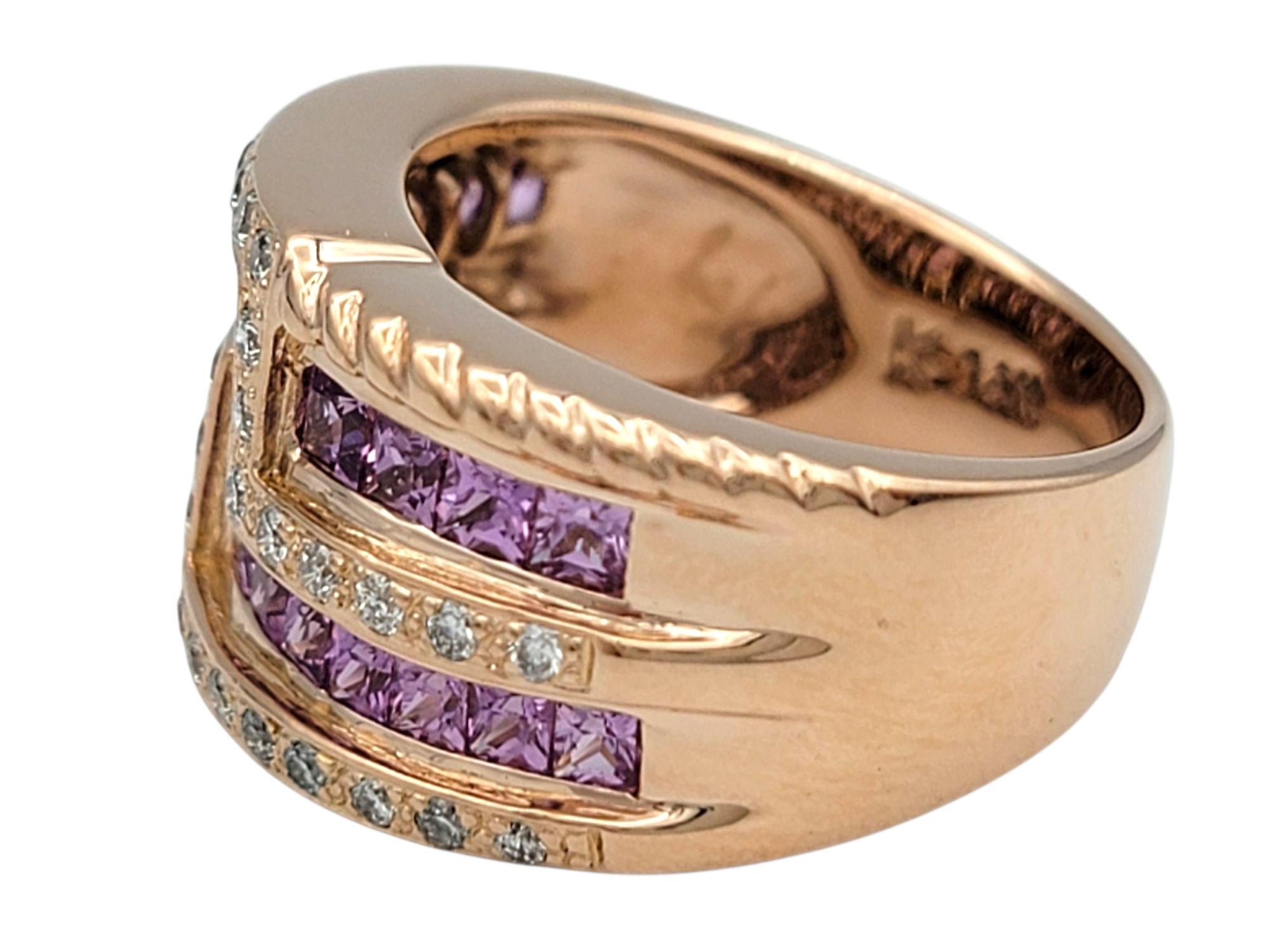 Princess Cut Le Vian Princess Pink Sapphire & Diamond Multi Row Band Ring 14 Karat Rose Gold For Sale