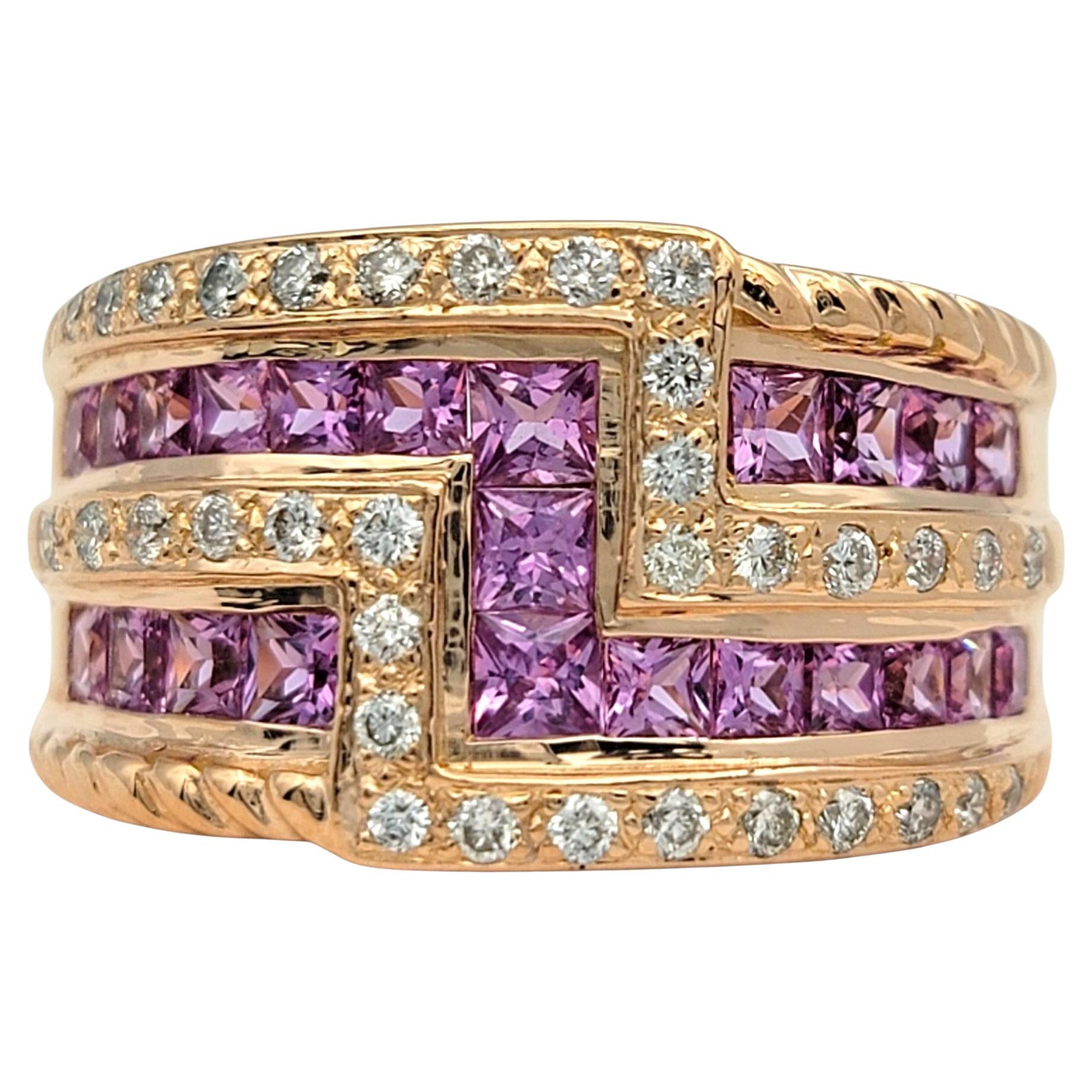Le Vian Princess Pink Sapphire & Diamond Multi Row Band Ring 14 Karat Rose Gold For Sale