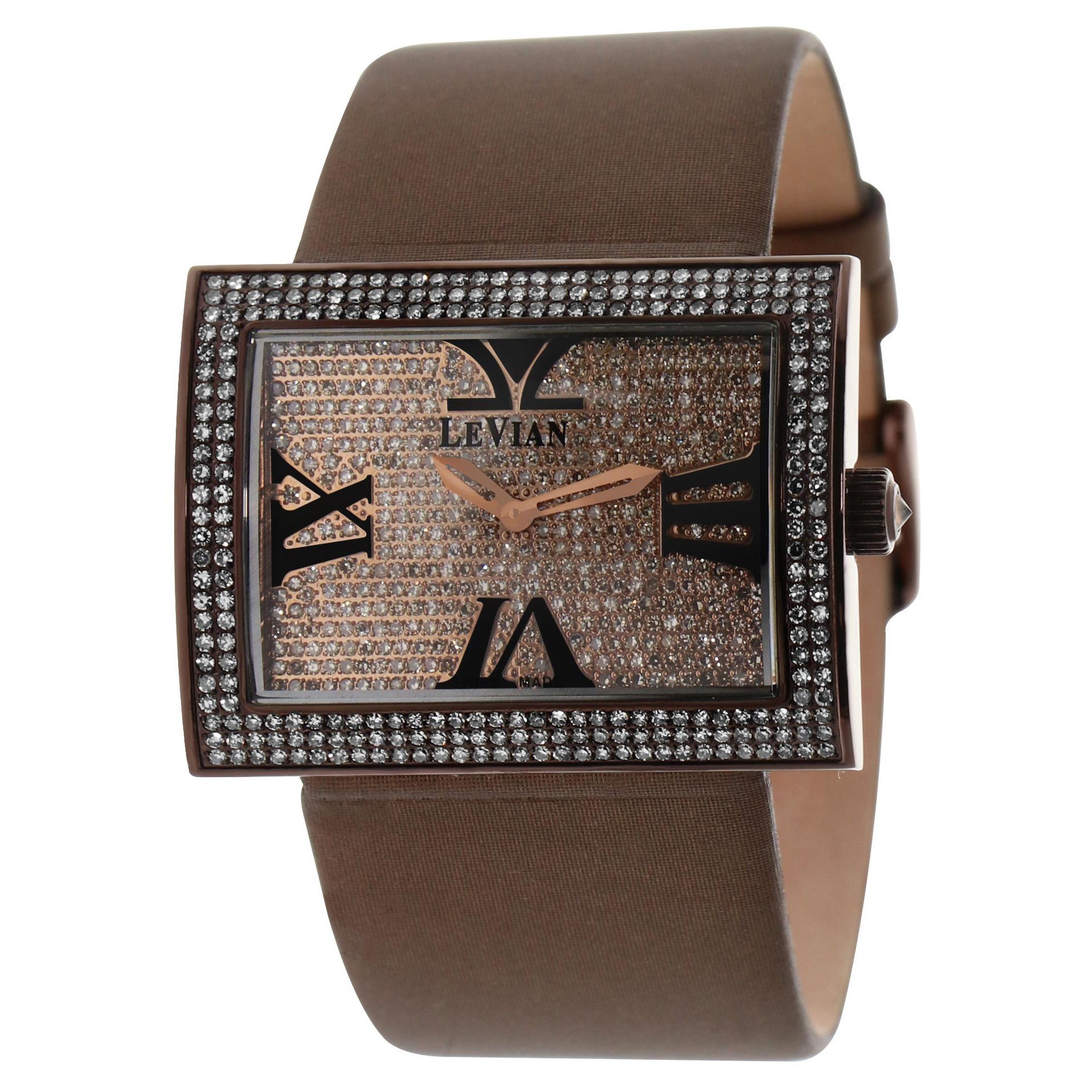 Rechteckige Damenarmbanduhr von Vian mit schokoladenfarbenen Diamanten