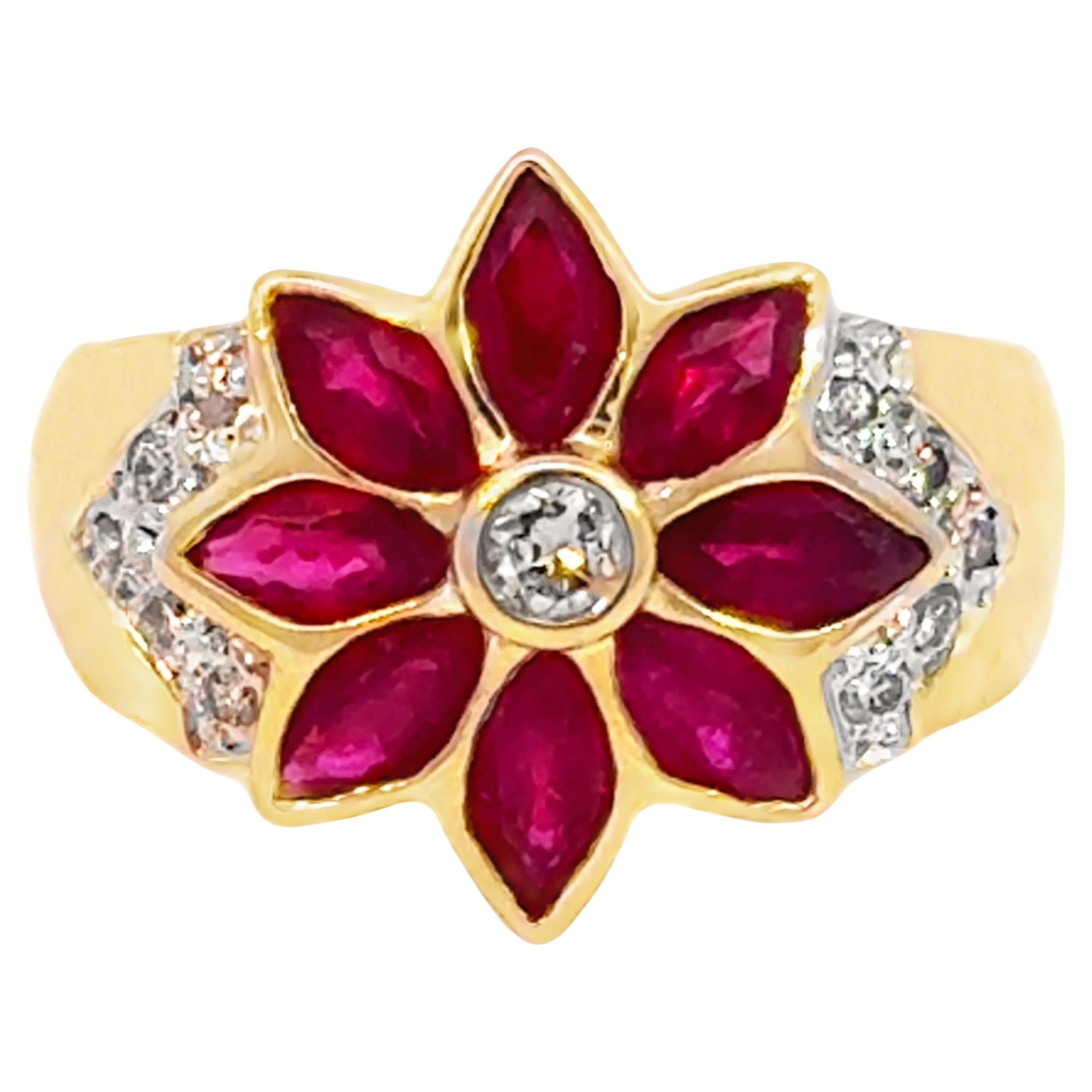 Le Vian Red Ruby Flower and Diamond Ring 18k Yellow Gold