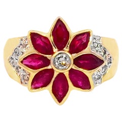 Le Vian Red Ruby Flower and Diamond Ring 18k Yellow Gold