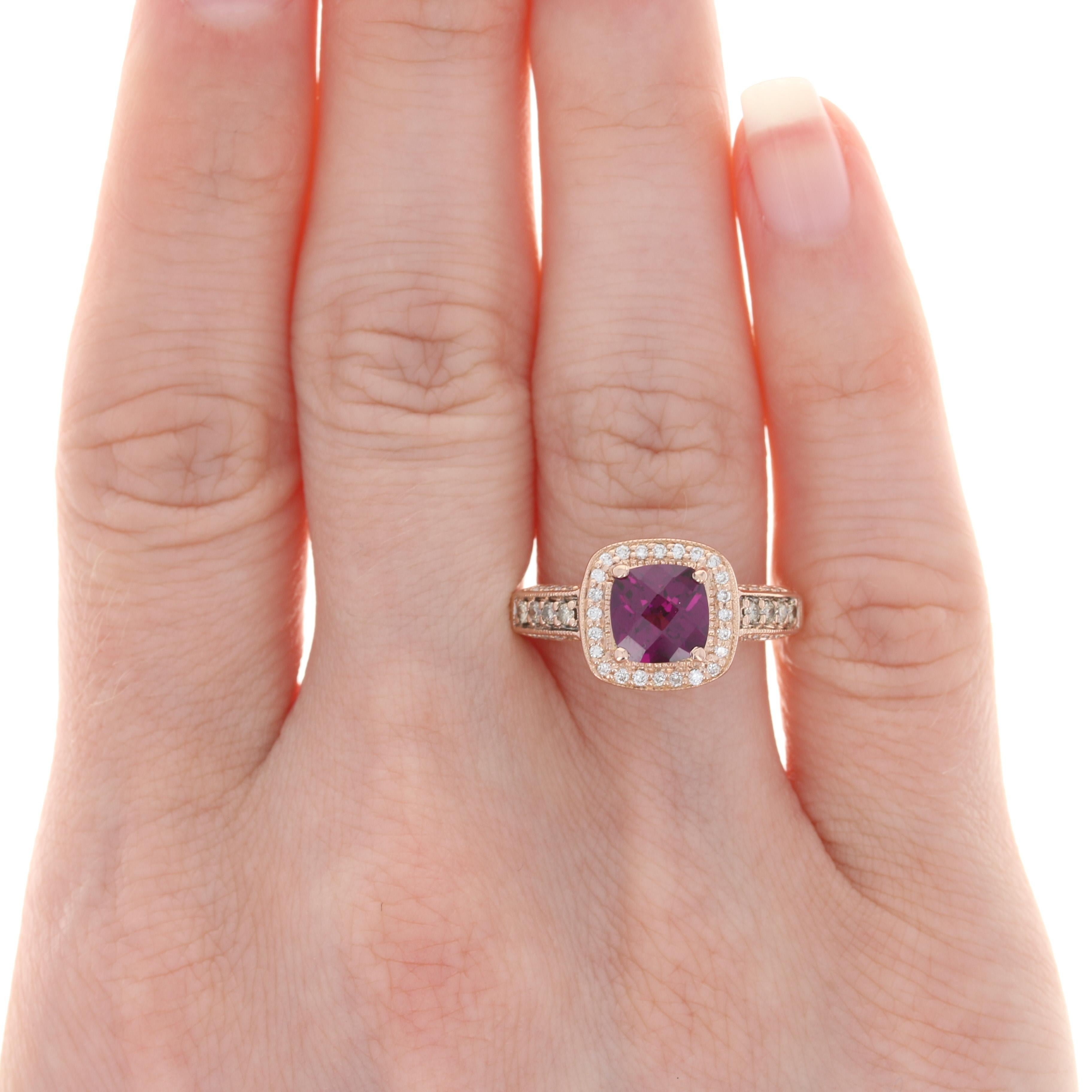 Size: 8 1/4
Sizing Fee: Up or Down 1 size for $30

Brand: Le Vian

Metal Content: 14k Rose Gold

Stone Information: 
Genuine Rhodolite Garnet
Carat: 1.77ct
Cut: Checkerboard Cushion
Color: Reddish Purple
Size: 6.9mm x 7mm

Natural Diamonds
Carats: