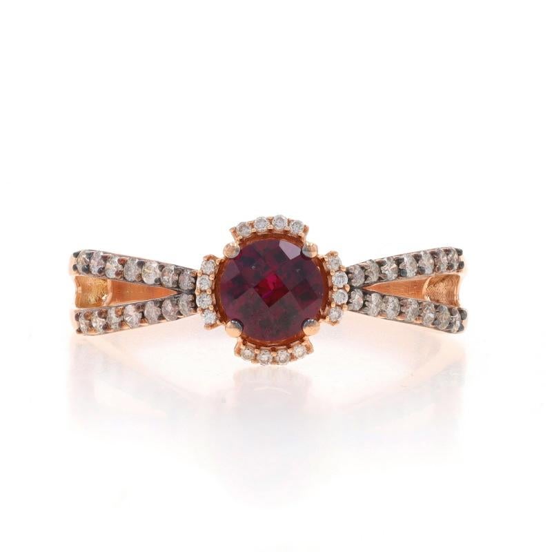 Retail Price: $1899

Size: 11 1/4
Sizing Fee: Up 1 1/2 sizes for $40 or Down 1 size for $40

Brand: Le Vian

Metal Content: 14k Rose Gold

Stone Information
Natural Rhodolite Garnet
Carat(s): 1.20ct
Cut: Round Checkerboard
Color: Purplish