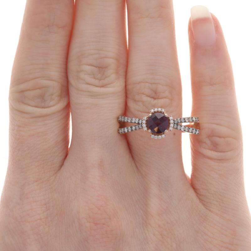 Round Cut Le Vian Rhodolite Garnet Diamond Ring - Rose Gold 14k Round Checkerboard 1.60ctw For Sale