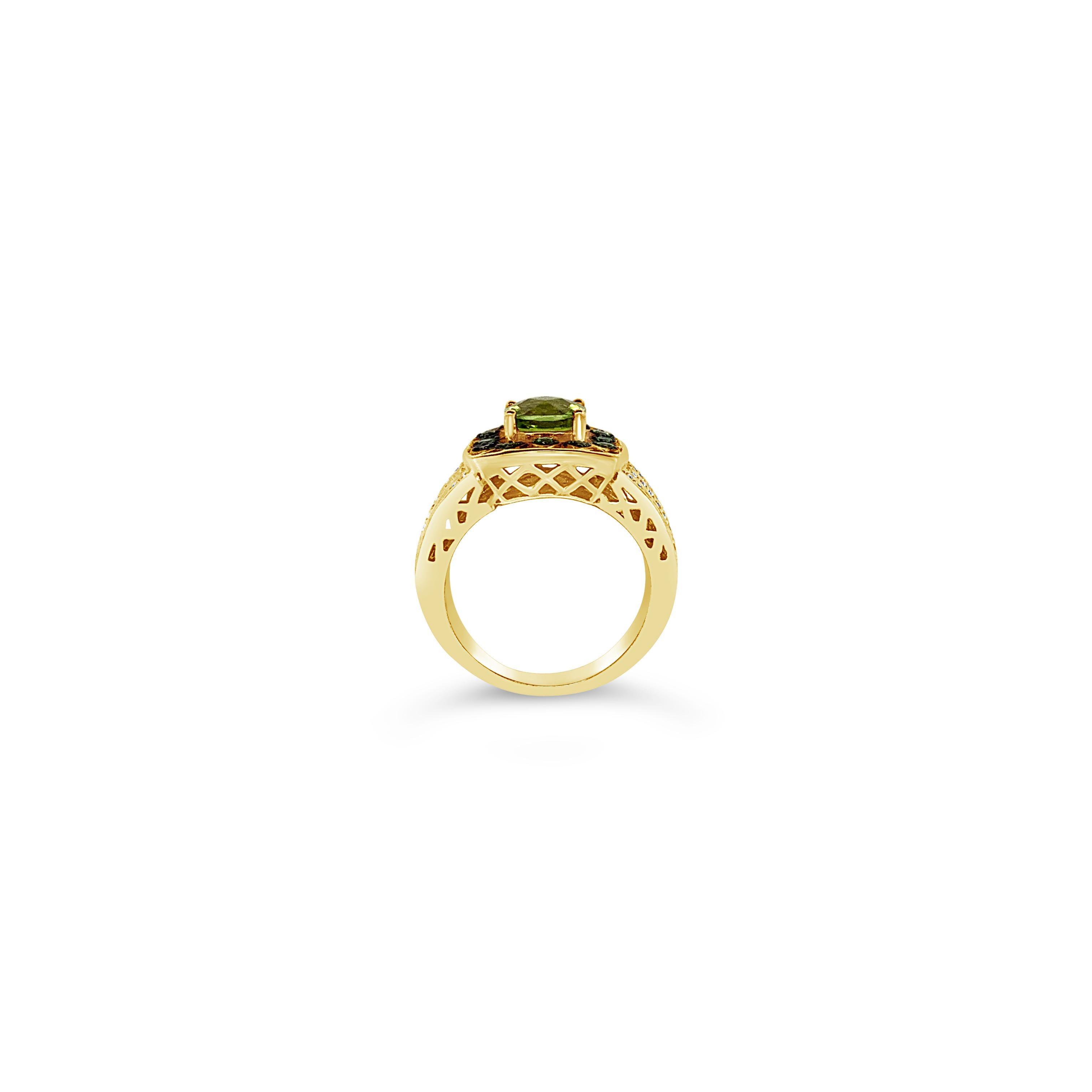 Le Vian® Ring featuring 1.55 cts. Green Apple Peridot, 0.23 cts. Forest Green Tsavorite, 0.19 cts. Vanilla Diamonds® set in 14K Green Gold

Diamonds Breakdown:
.19 cts White Diamonds

Gems Breakdown:
1.55 cts Peridot
.23 cts Tsavorite

Ring Size