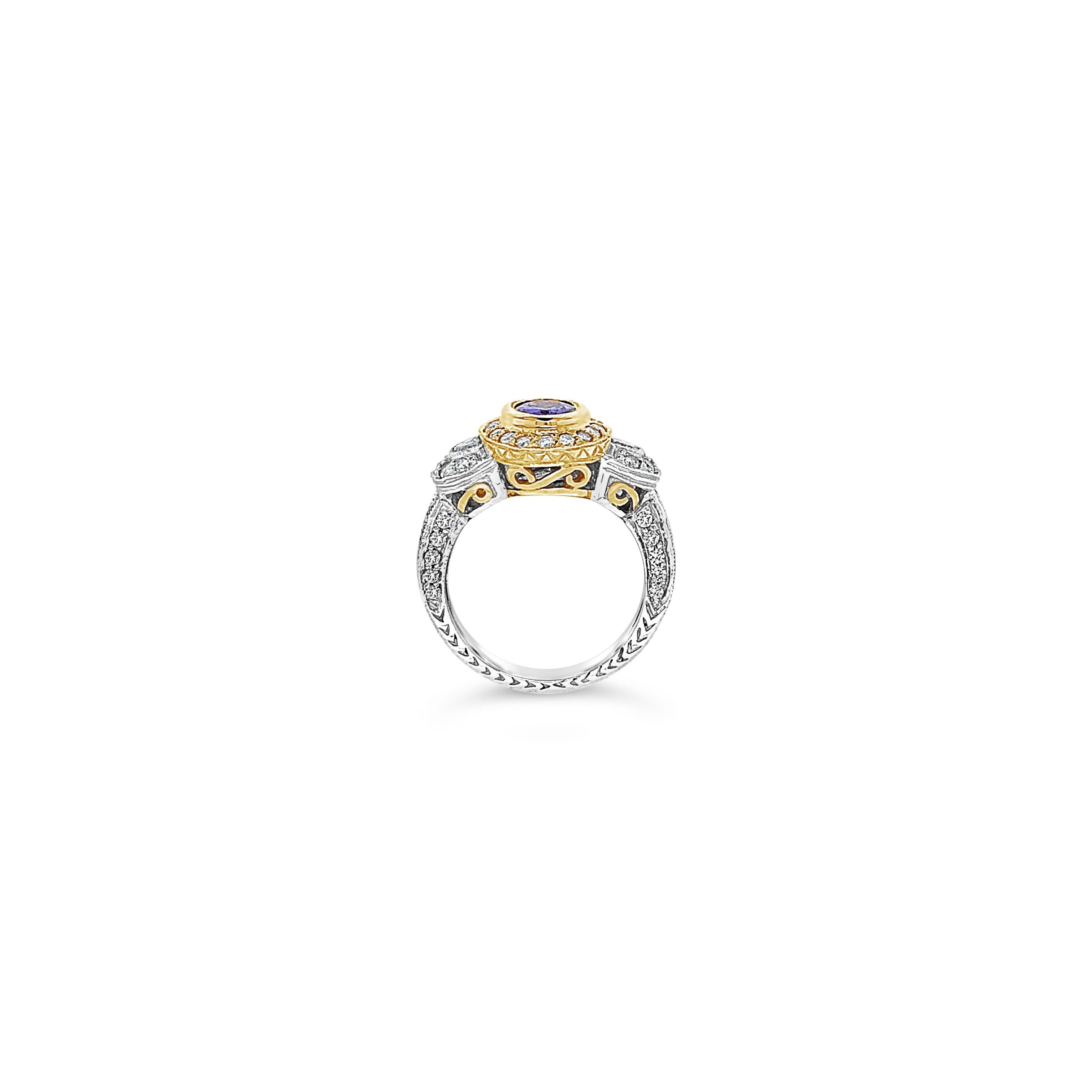 Le Vian Ring featuring 1 cts. Blueberry Tanzanite, 3/8 cts. White Sapphire, 3/4 cts. Vanilla Diamonds set in 14K Two Tone Gold. Please feel free to reach out with any questions! Item comes with a Le Vian jewelry box as well as a Le Vian suede pouch!