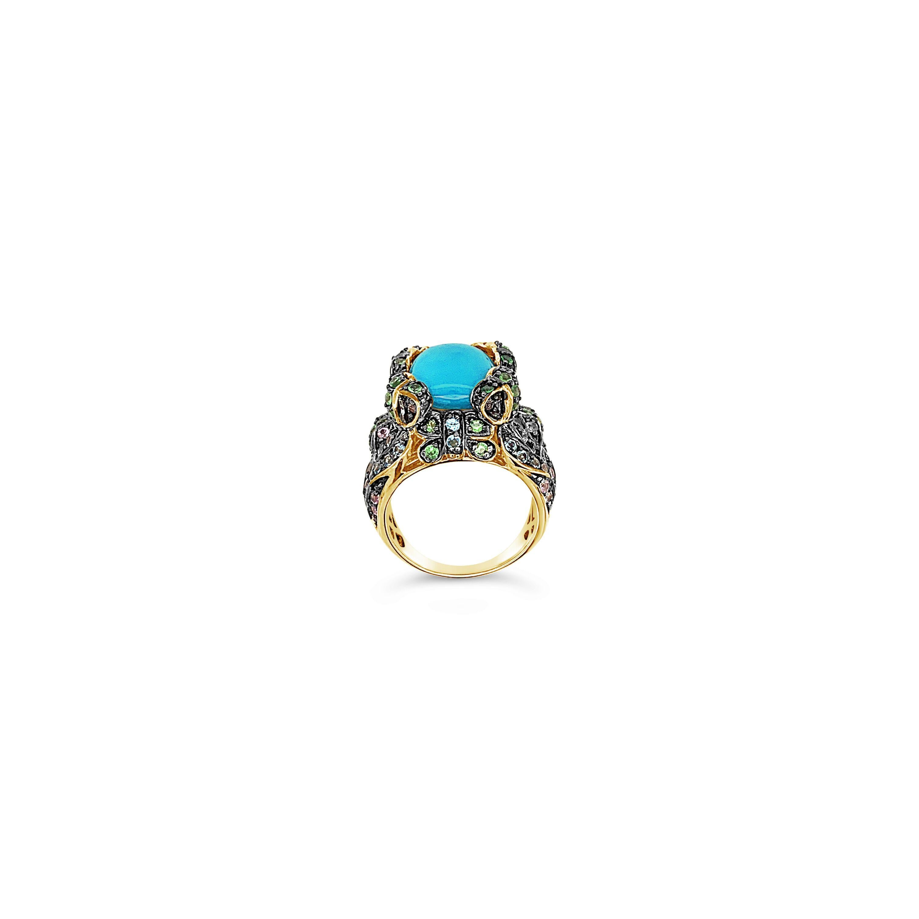Le Vian® Ring featuring 6 3/4 cts. Robins Egg Blue Turquoise™, 3/4 cts. Bubble Gum Pink Sapphire™, 5/8 cts. Blue Topaz, 5/8 cts. Forest Green Tsavorite™, set in 14K Honey Gold™

Item comes with a Le Vian® jewelry box as well as a Le Vian® suede