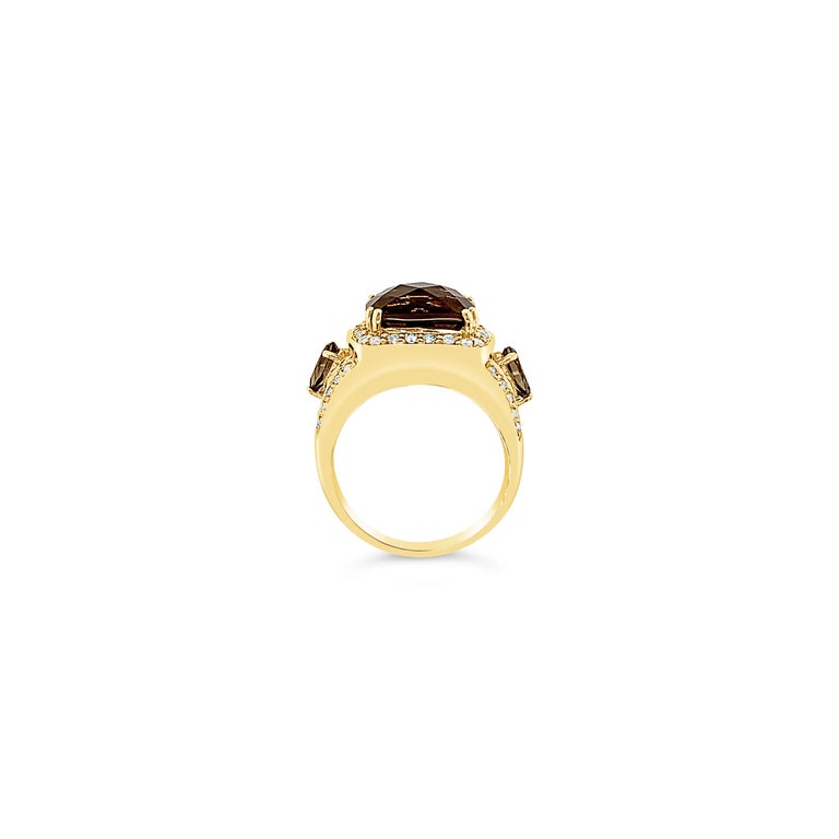 Le Vian® Ring featuring 6 1/5 cts. Chocolate Quartz®, 5/8 cts. Vanilla Diamonds® set in 14K Honey Gold™. Please feel free to reach out with any questions! Item comes with a Le Vian® jewelry box as well as a Le Vian® suede pouch! Ring Size 6.75. Ring