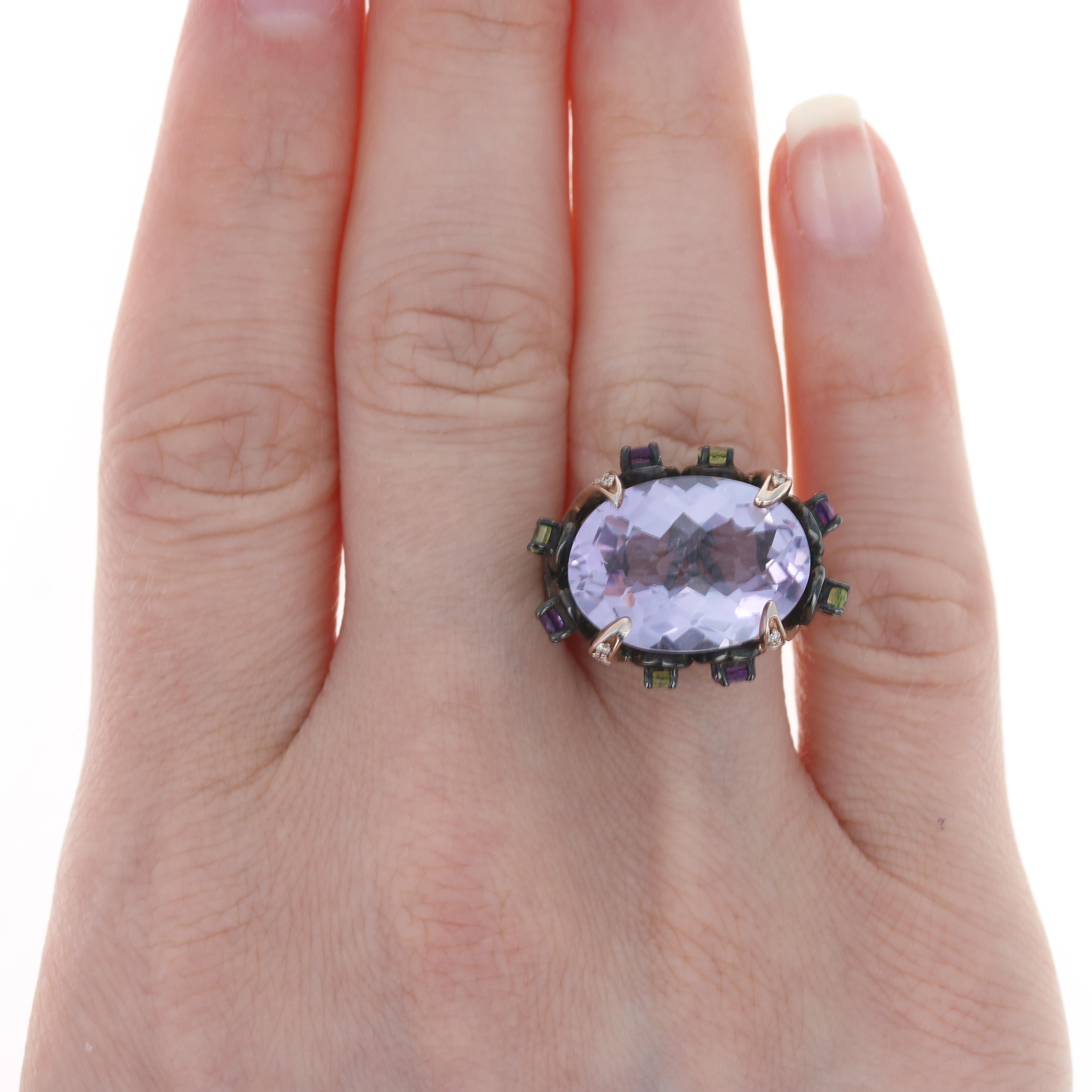 Size: 7 

Brand: Le Vian

Metal Content: Sterling Silver & 18k Rose Gold

Stone Information: 
Genuine Rose de France Amethyst
Carat: 8.50ct
Cut: Oval Checkerboard 
Color: Purple   
Size: 18mm x 13mm

Genuine Amethysts 
Carats: .40ctw
Cut: Round