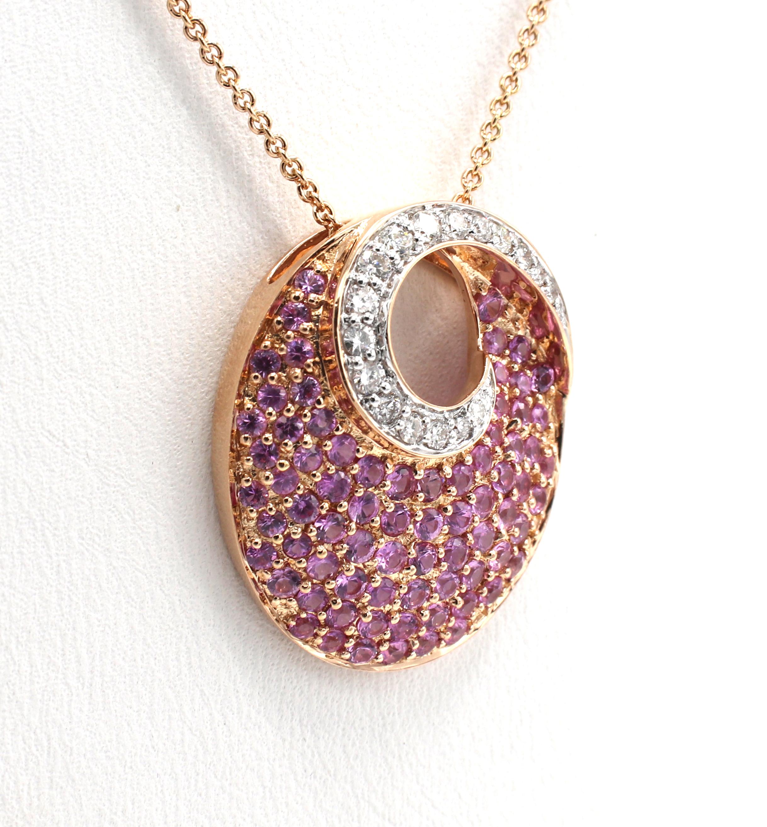 Le Vian Rose Gold Pink Sapphire & Diamond Dangle Drop Necklace
Metal: 14k rose gold
Weight: 7.20 grams
Diamonds: .25 CTW G VS (marked D025)
Sapphires: 1.50 CTW (marked S150)
Chain length: 18 inches
Pendant: 23 x 19.5mm
