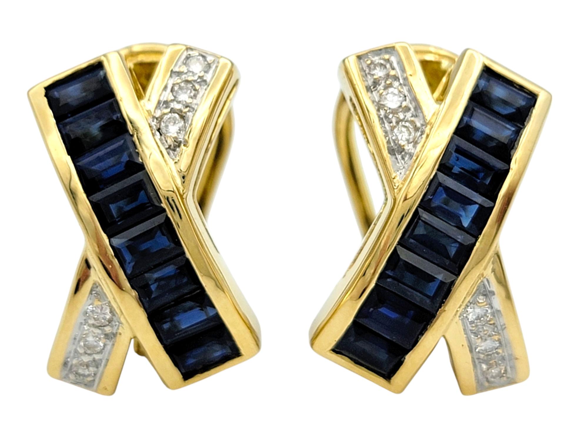 These striking earrings from Le Vian are crafted in luxurious 18 karat yellow gold and designed in a bold “X” motif. Deep blue sapphires are channel-set across each earring in a sleek row, their richness complemented by a delicate contrast of round