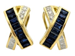 Le Vian Sapphire and Diamond 'X' Omega Back Earrings in 18 Karat Yellow Gold