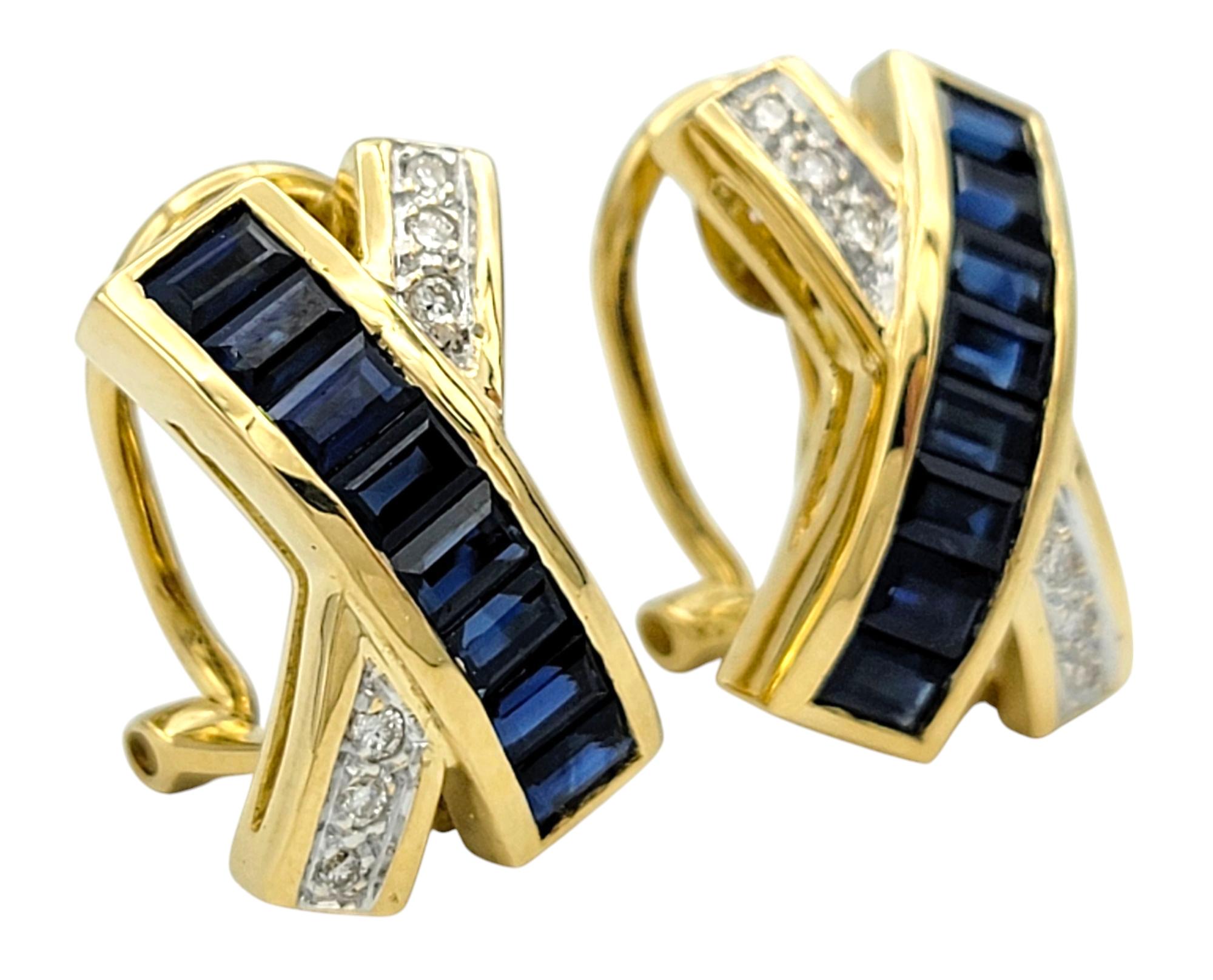 Baguette Cut Le Vian Sapphire and Diamond 'X' Omega Back Earrings in 18 Karat Yellow Gold For Sale
