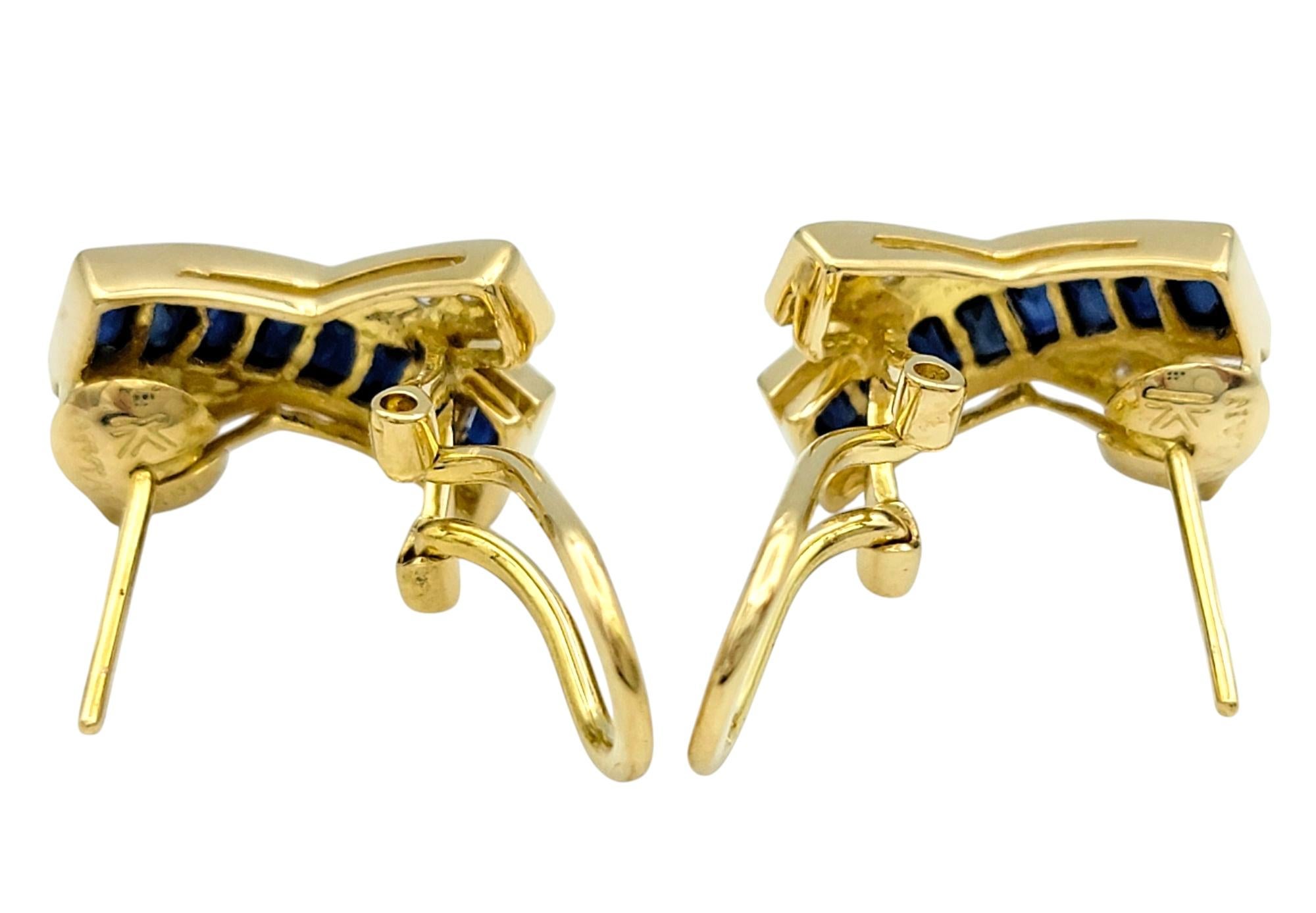 Le Vian Sapphire and Diamond 'X' Omega Back Earrings in 18 Karat Yellow Gold In Good Condition For Sale In Scottsdale, AZ
