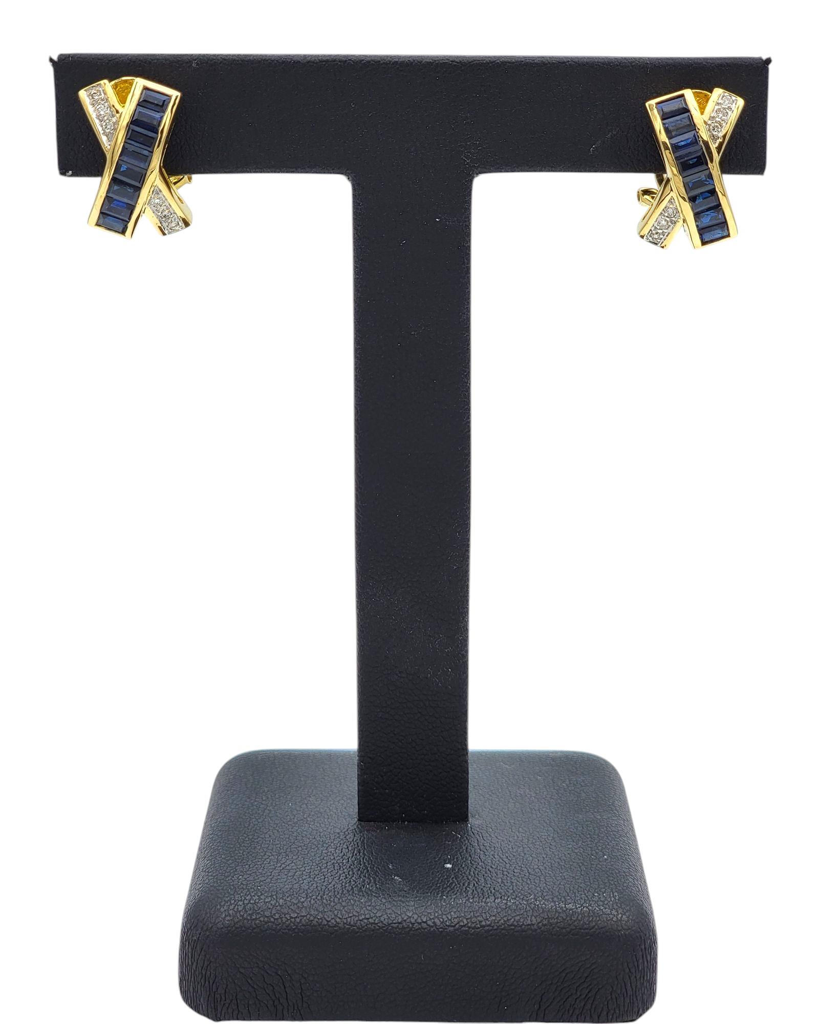 Le Vian Sapphire and Diamond 'X' Omega Back Earrings in 18 Karat Yellow Gold For Sale 2