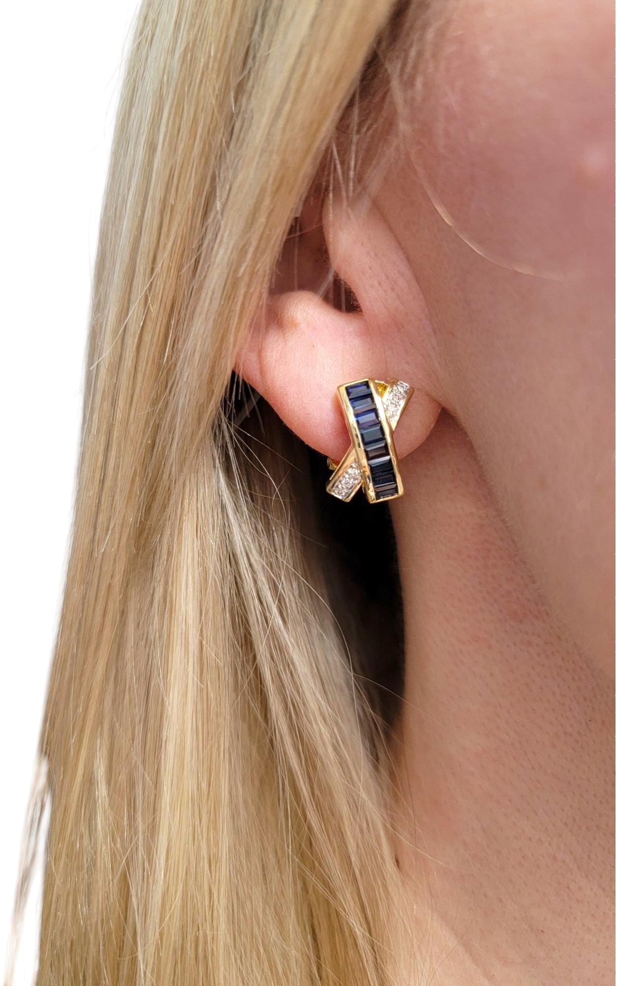 Le Vian Sapphire and Diamond 'X' Omega Back Earrings in 18 Karat Yellow Gold For Sale 3