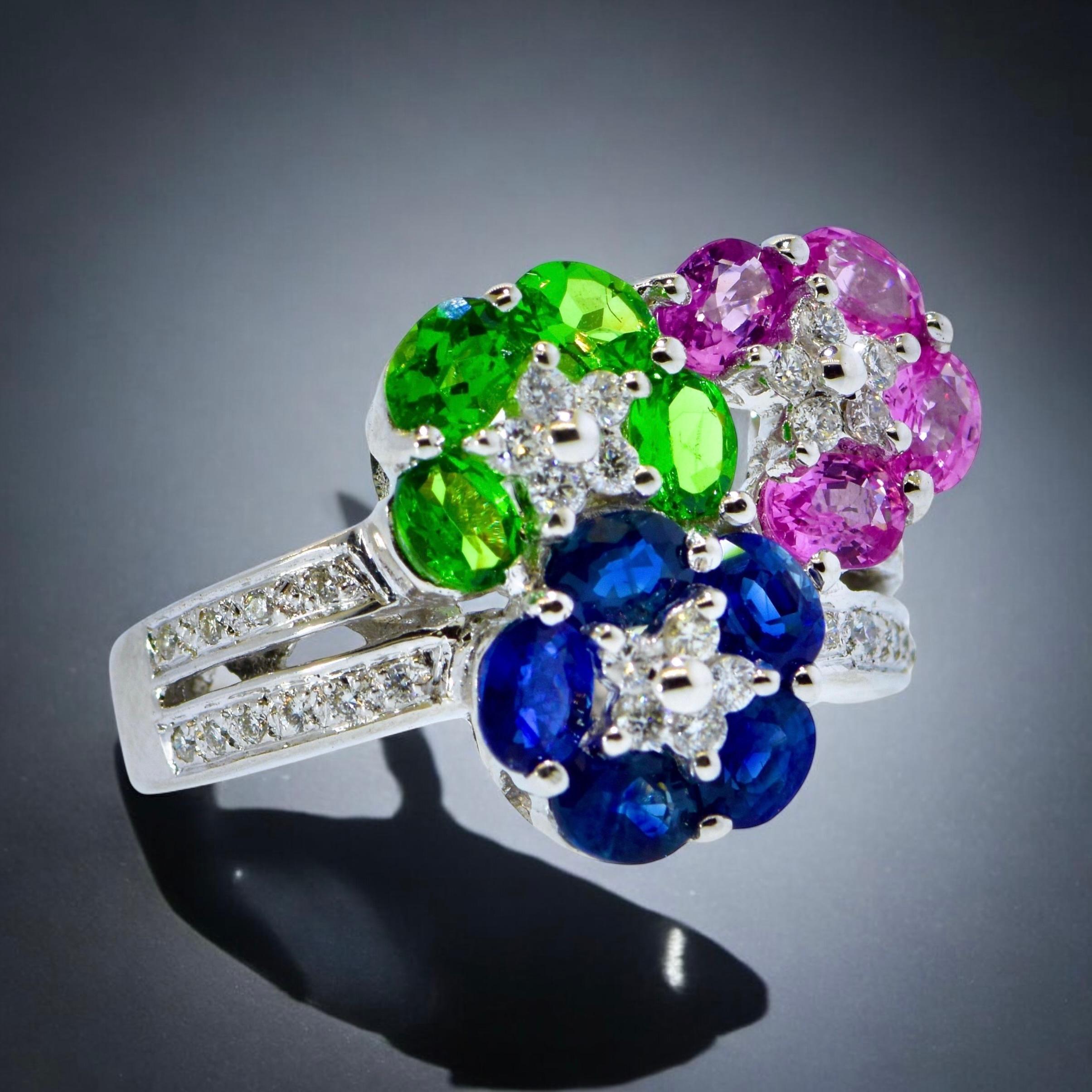 Women's or Men's Le Vian Sapphire, Tsavorite and Diamond Fine White Gold Contemporary Ring For Sale