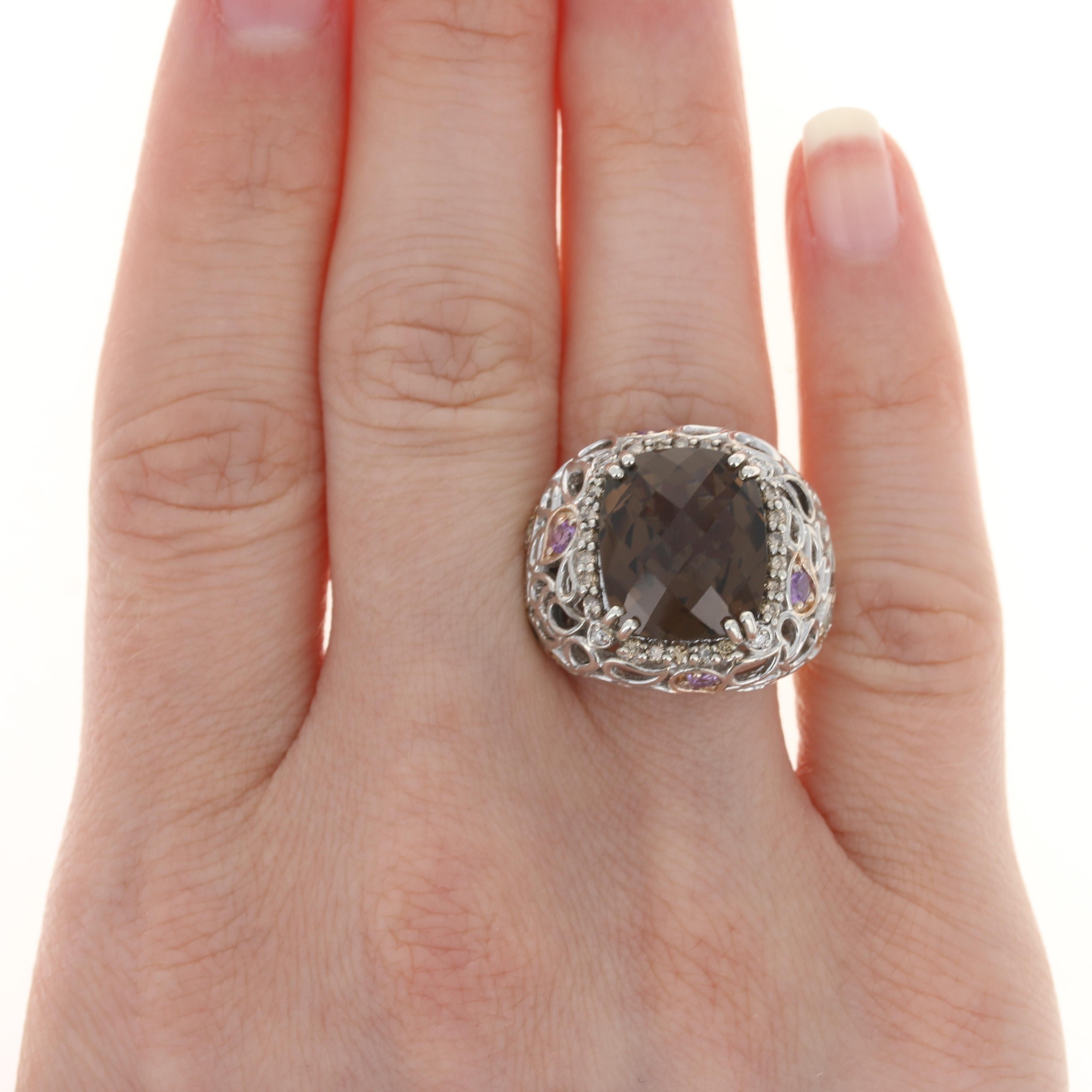 Size: 6 3/4
Sizing Fee: Up to 1/2 a size for $30  

Brand: Le Vian

Metal Content: Sterling Silver (rose gold plated)

Stone Information: 
Genuine Smoky Quartz
Cut: Cushion Checkerboard 
Color: Brown
Size: 14.2mm x 12.1mm

Genuine Amethysts &
