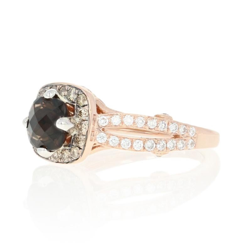 Dazzle your sweetheart with the enchanting gift of Le Vian jewelry! Crafted in 14k rose and white gold, this designer ring showcases a sumptuous smoky quartz solitaire framed by an effervescent halo of chocolate brown diamonds and accented by