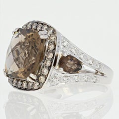 Le Vian Smoky Quartz and Diamond Halo Ring, 14 Karat Gold Checkerboard Cushion