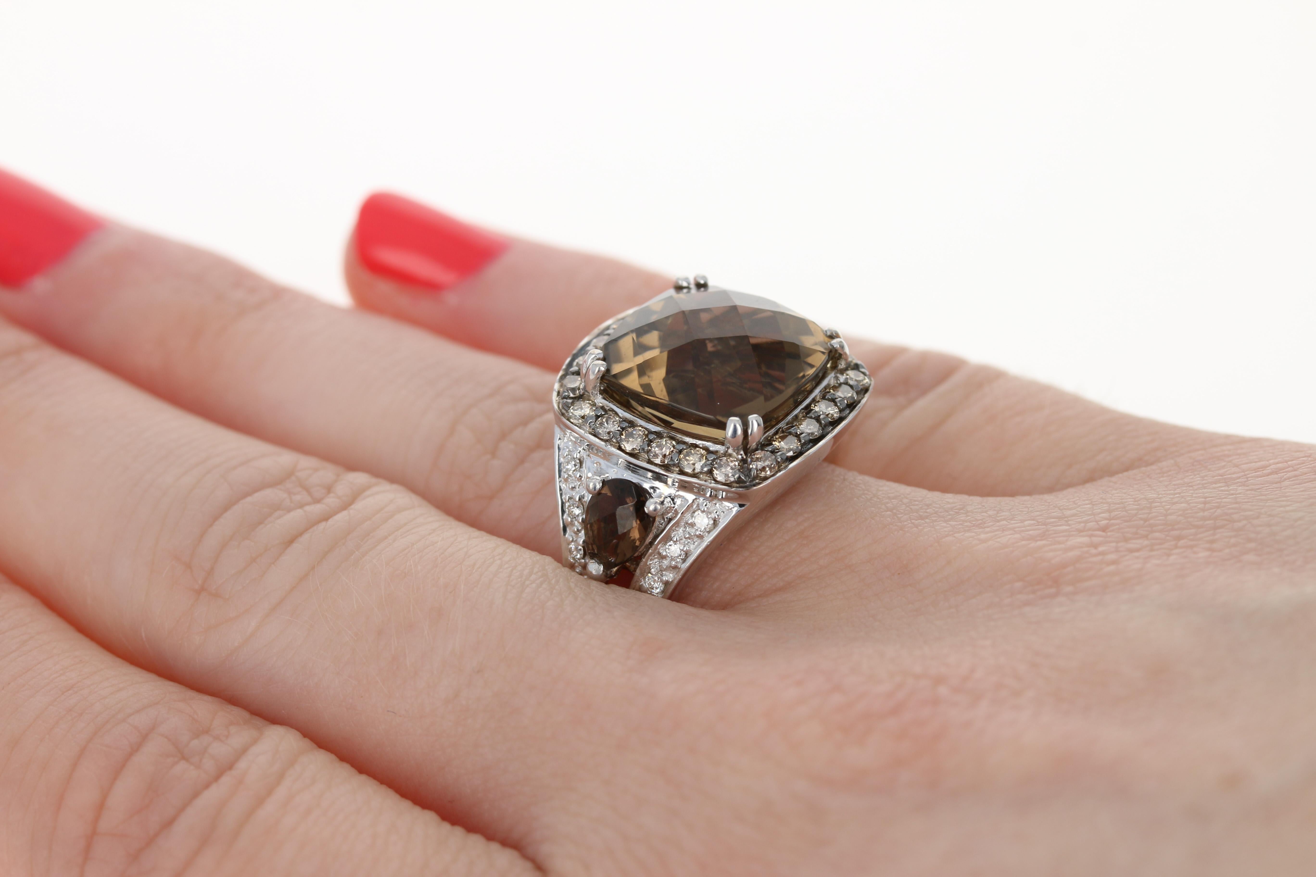 Cushion Cut Le Vian Smoky Quartz and Diamond Halo Ring, 14 Karat Gold Checkerboard Cushion