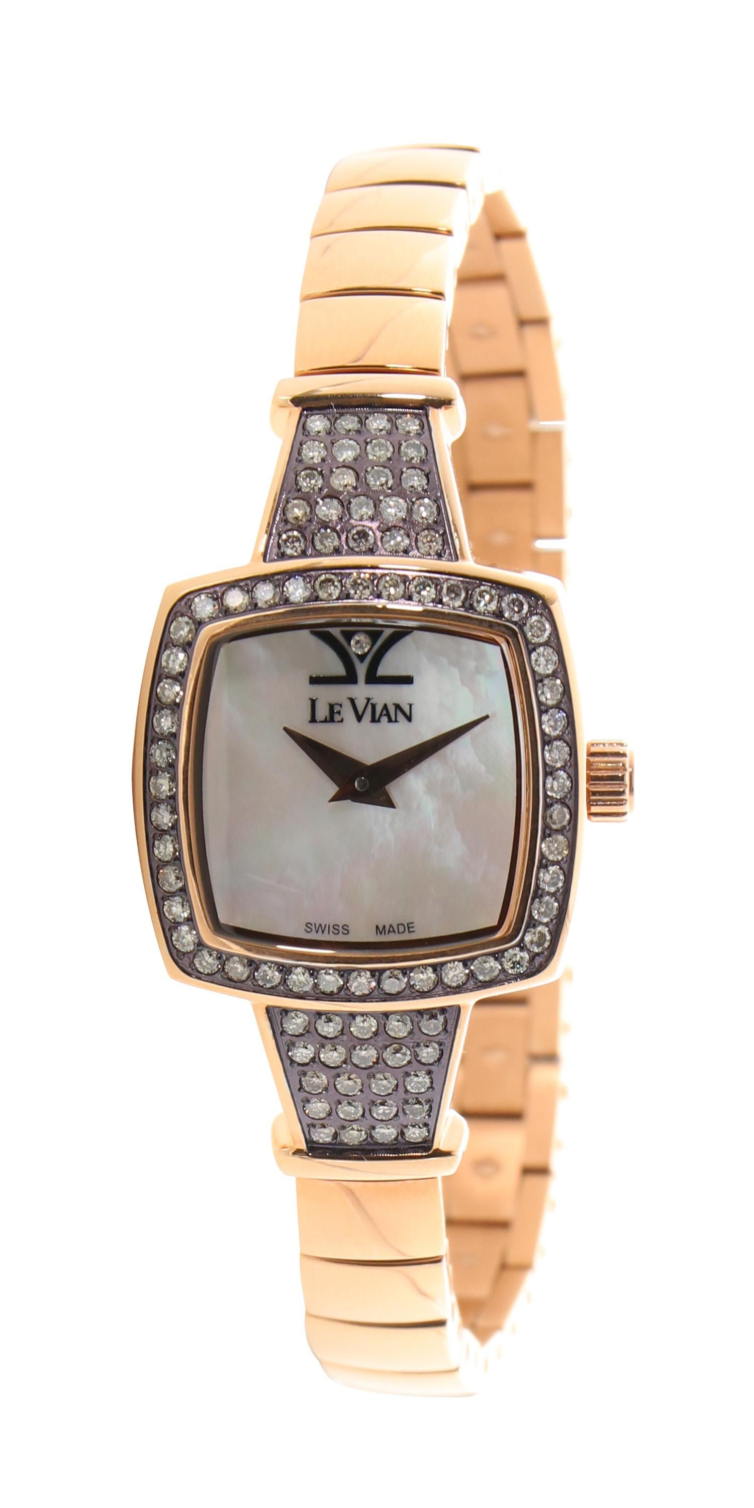 Le Vian 24 mm Square Ladies' Wristwatch featuring 1.29cttw of Chocolate and Vanilla Diamondsin Strawberry Goldplated Stainless Steel.
