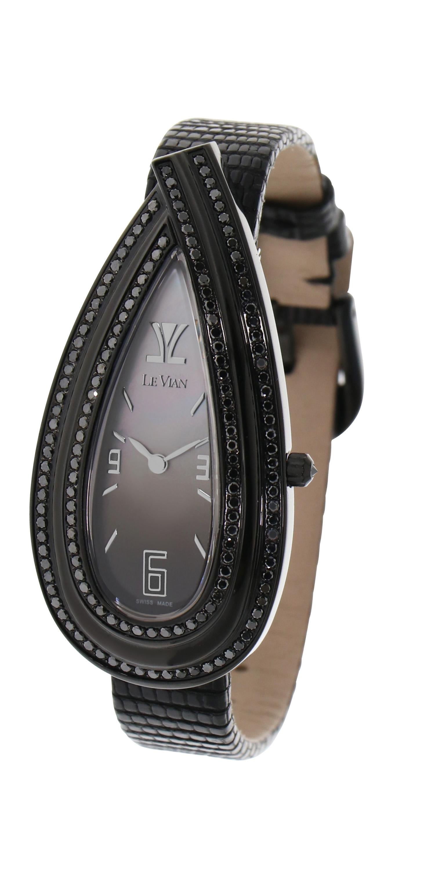Montre-bracelet Le Vian 27 mm Teardrop avec 2,07 cts de diamants Blackberry en acier inoxydable Blackberry et un bracelet en cuir de lézard véritable
