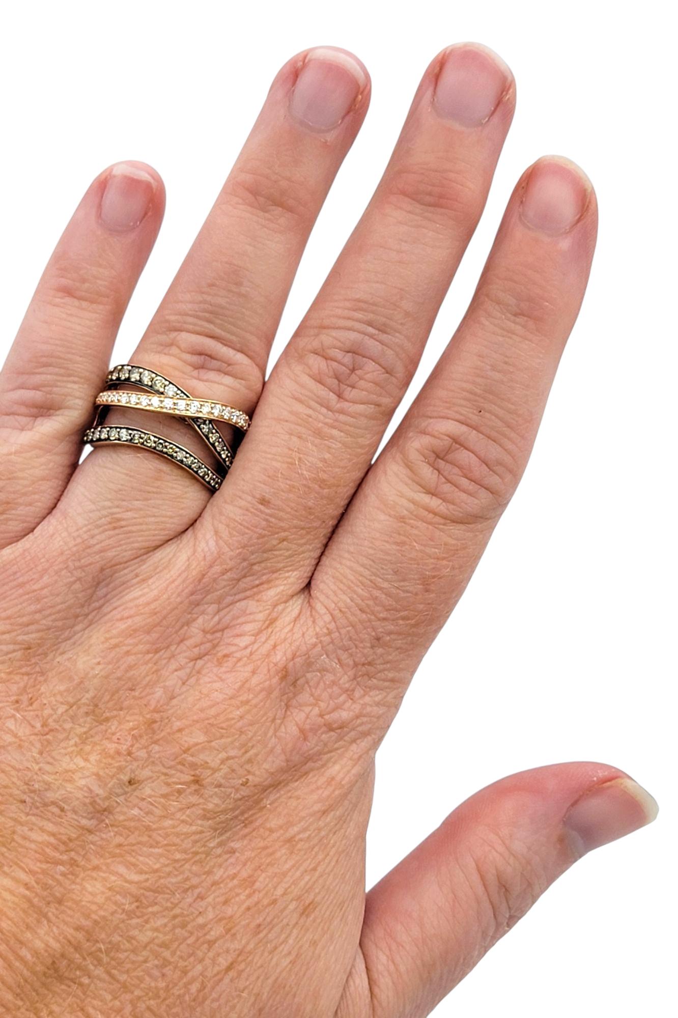 Le Vian Triple Row White and Brown Pavé Diamond Band Ring in 14 Karat Rose Gold in vendita 4