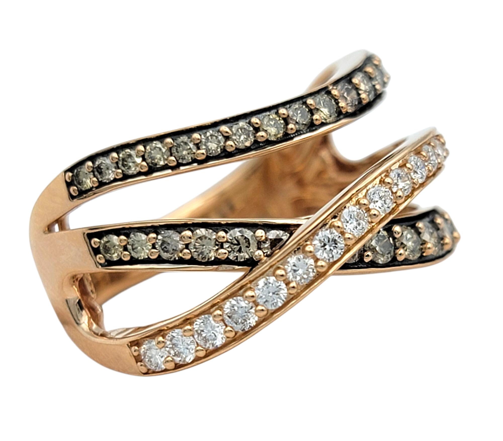 Contemporaneo Le Vian Triple Row White and Brown Pavé Diamond Band Ring in 14 Karat Rose Gold in vendita