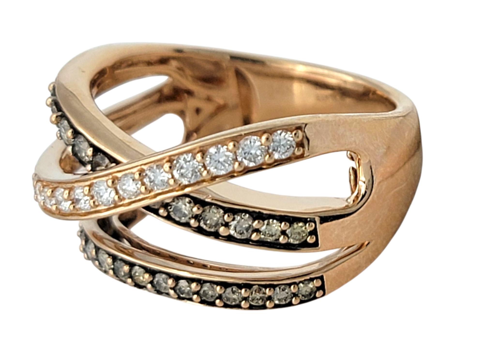 Le Vian Triple Row White and Brown Pavé Diamond Band Ring in 14 Karat Rose Gold In condizioni buone in vendita a Scottsdale, AZ