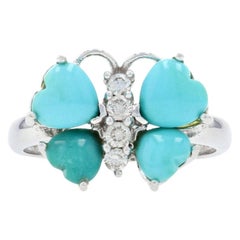 Vintage Le Vian Turquoise and Diamond Butterfly Ring White Gold, 14k Gold Cabochon .18ct