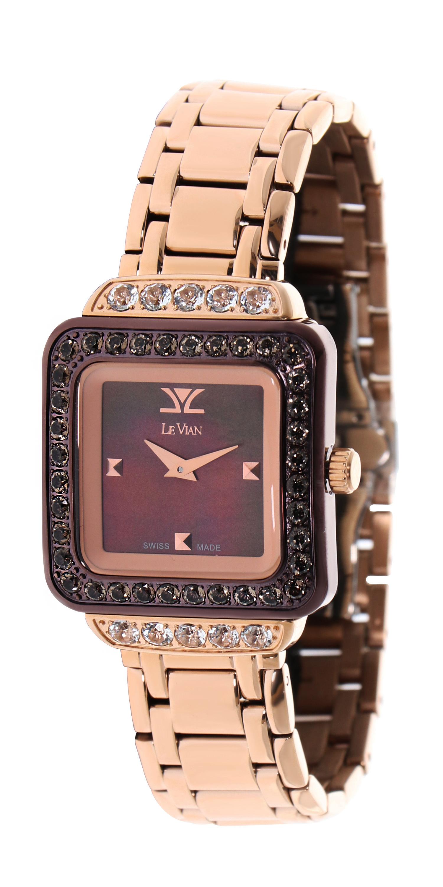 Le Vian 32mm Square Wristwatch featuring 1.98 of Chocolate Quartz and 2.05 of Vanilla Topaz in Strawberry Gold Stainless Steel.
