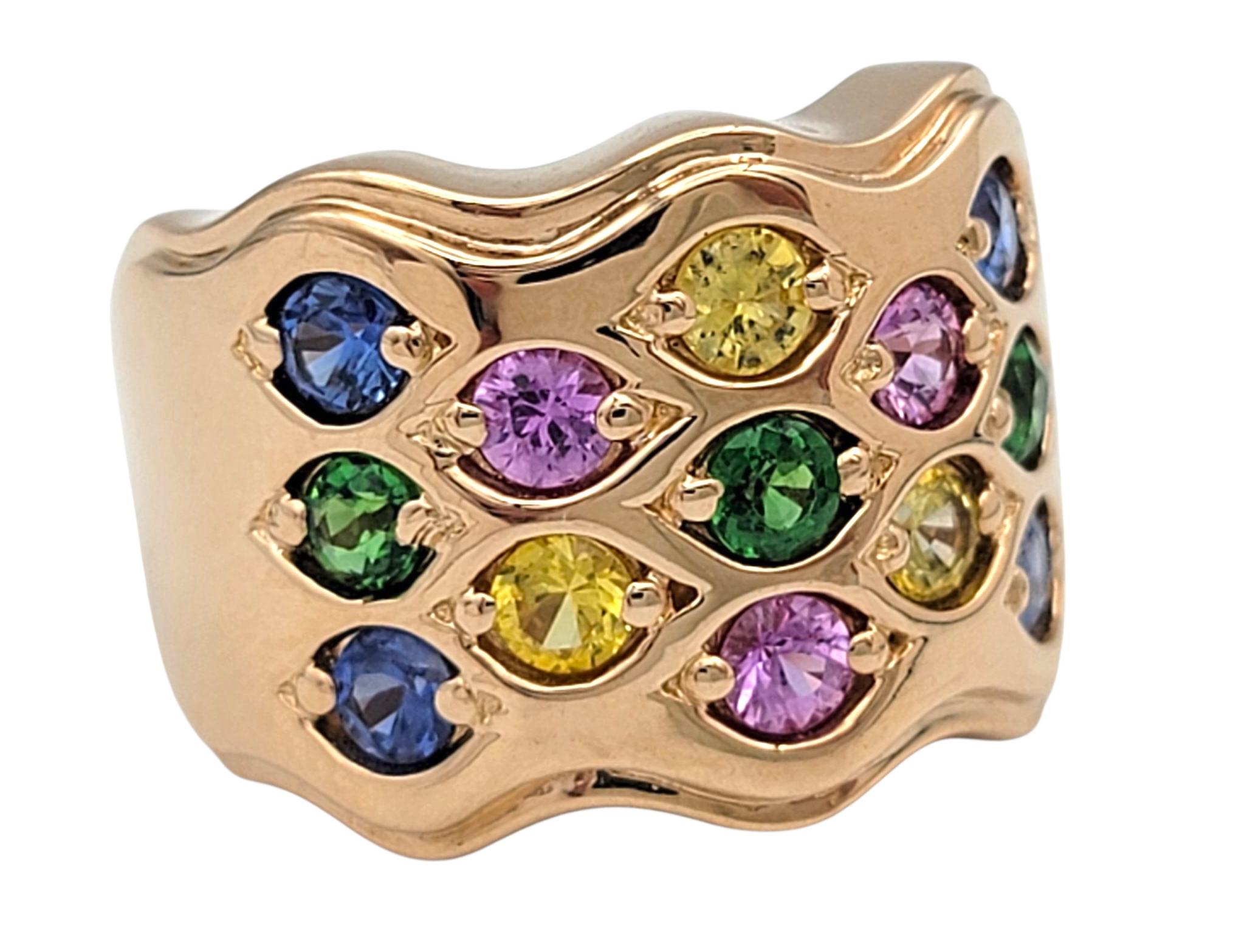 Contemporain Le Viane - Bague à large bande en or rose 18 carats avec pierres ondulées multicolores en vente