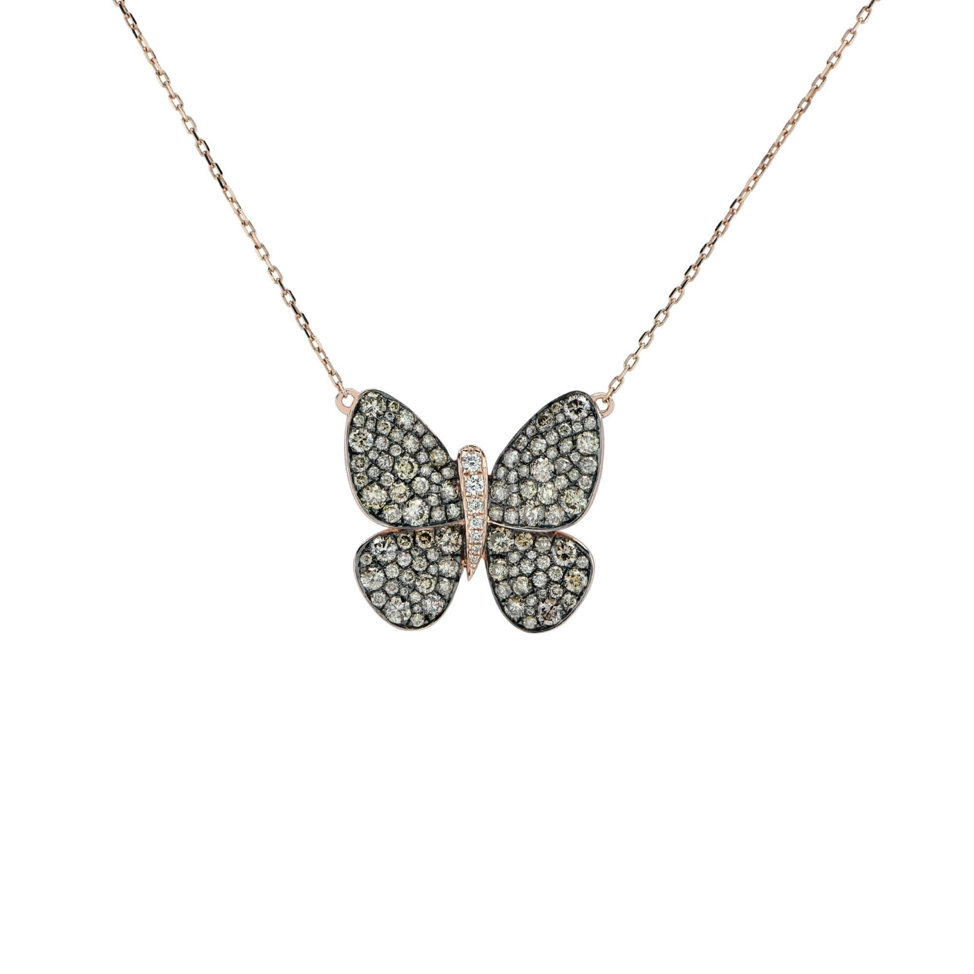 Take a flight of elegance with this enchanting butterfly from le Vian, this whimsical necklace is crafted in 14k rose gold and is studded with 127 brown and white diamonds weighing approximately 1.8 carats total VS-SI clarity. The chain measures 17