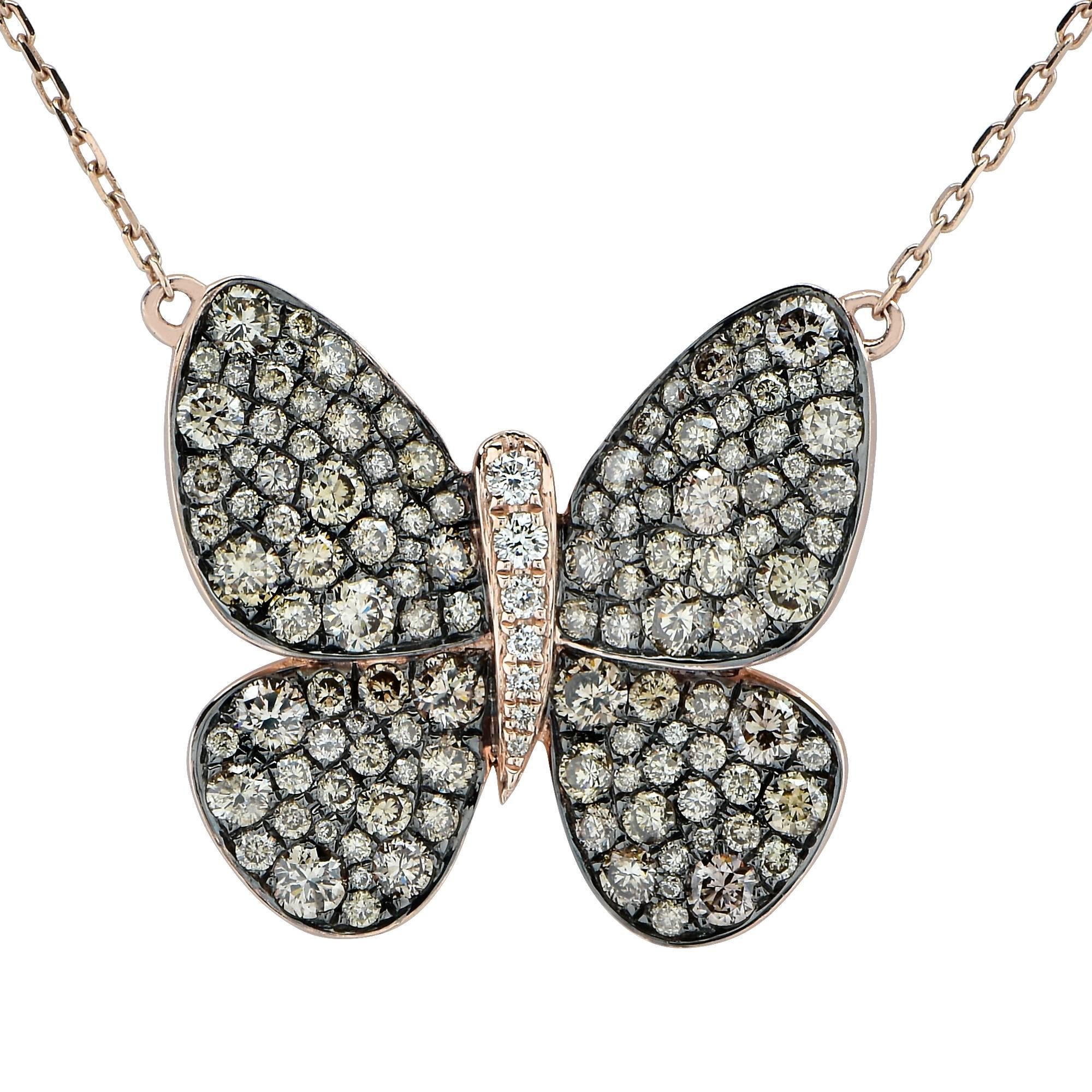 Le Vian White and Brown Diamond Butterfly Rose Gold Necklace