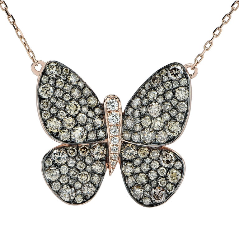 Le Vian White and Brown Diamond Butterfly Rose Gold Necklace at 1stDibs
