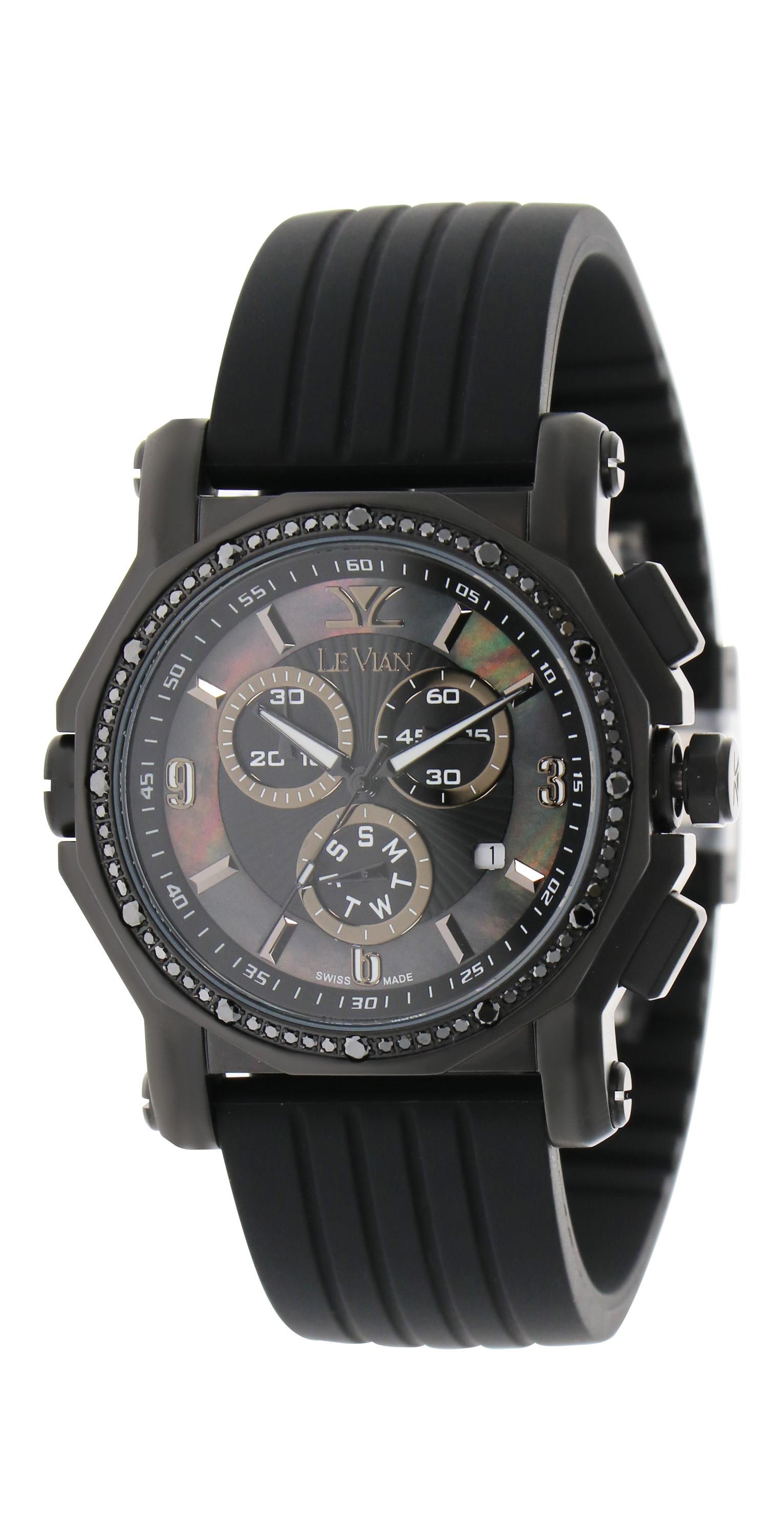 Le Vian 45 mm runde Armbanduhr mit 0,92 Karat brombeerfarbenen Diamanten in brombeerfarbenem Edelstahl mit Kautschukarmband.
