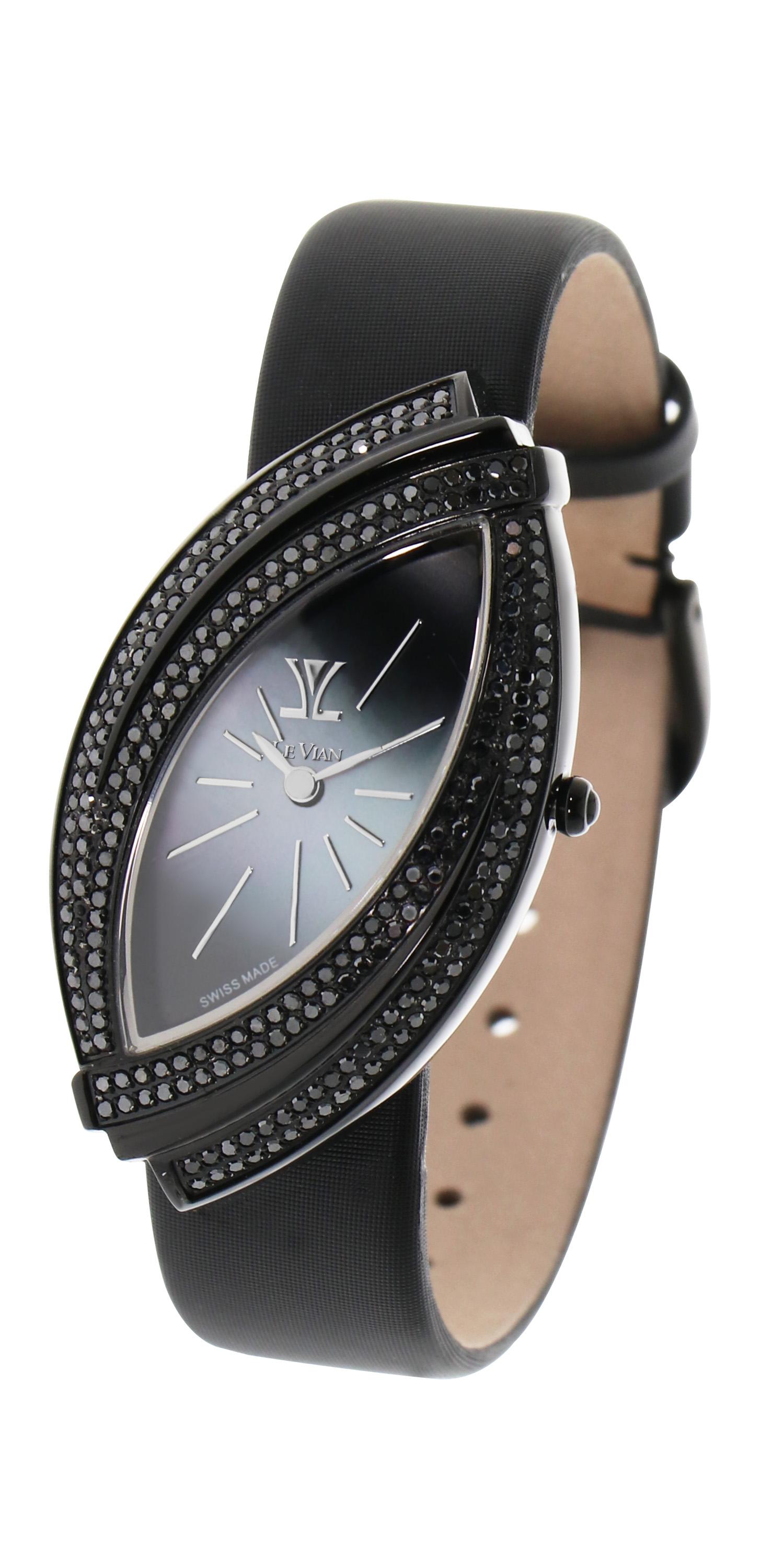 Le Vian 28mm Eye shaped Wristwatch featuring 2.18cts ofBlackberry Diamonds in Black Stainless Steel and a Satin Strap.
