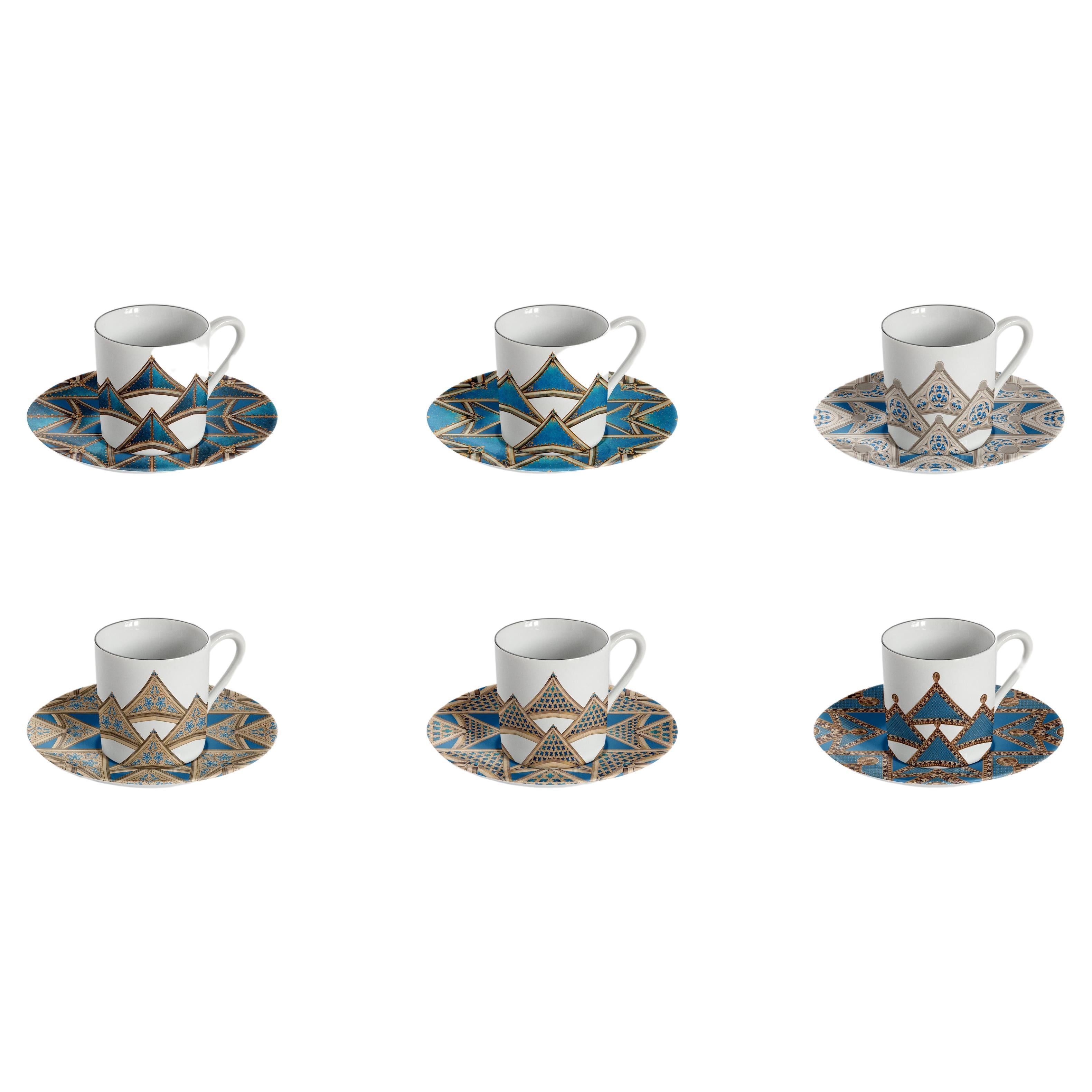 Six tasses à café décorées contemporaines avec assiettes Le Volte Celesti en vente
