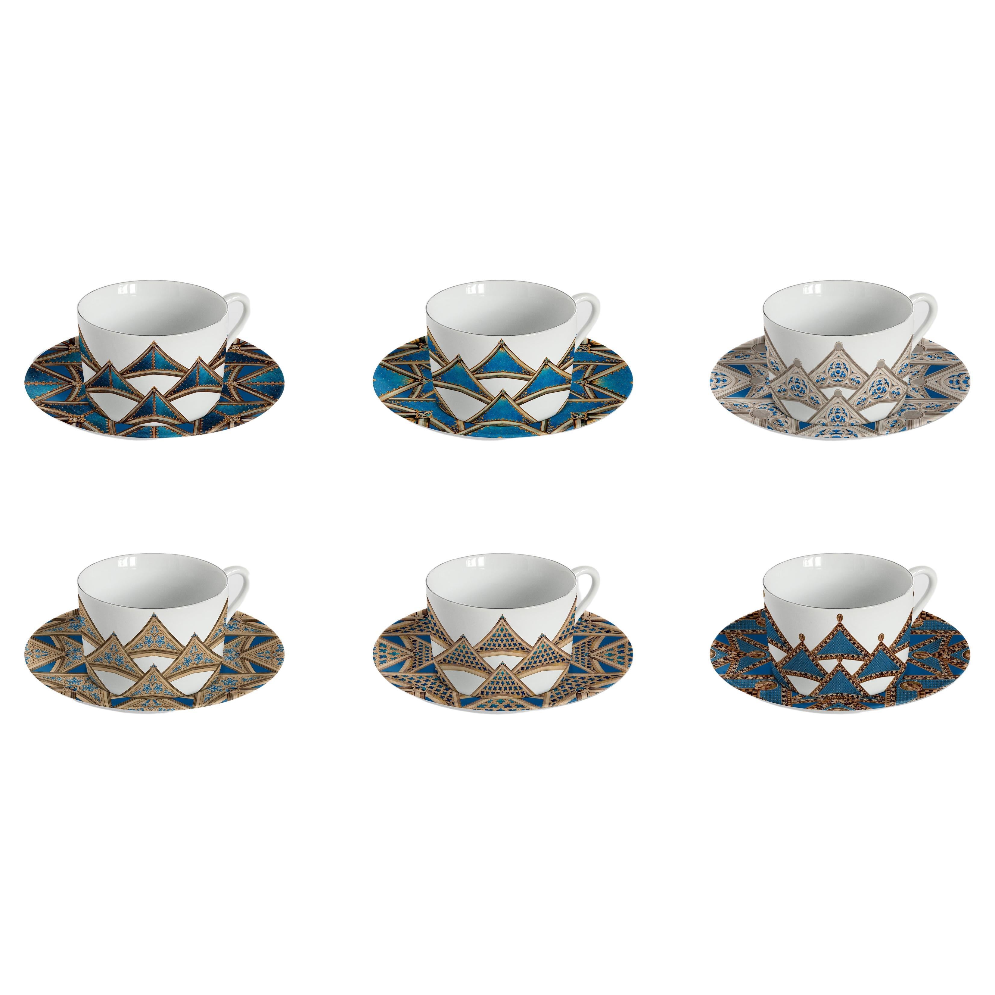 Le Volte Celesti, Six Contemporary Decorated Tea Cups with Plates