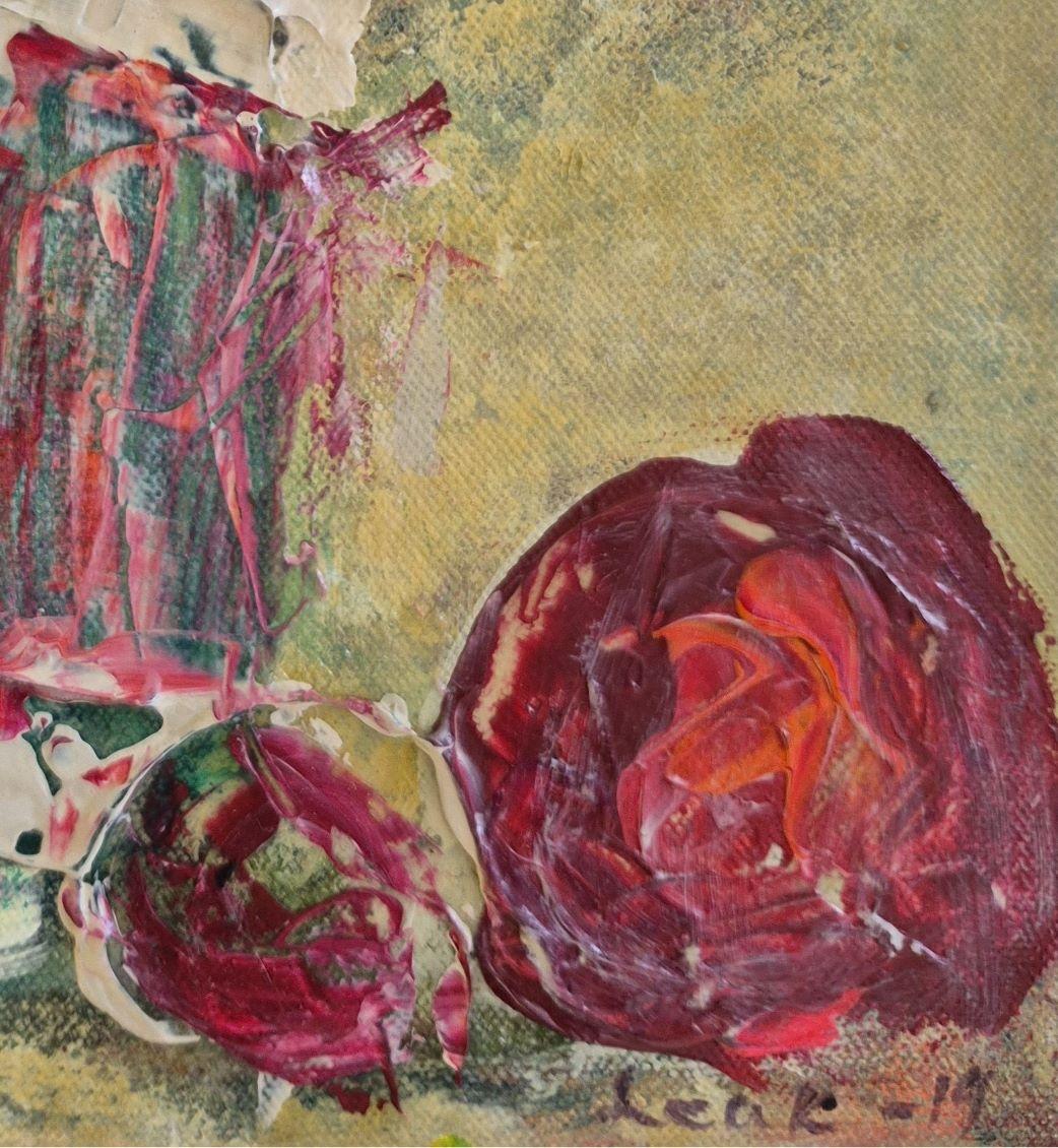 This artwork presents a masterful interplay of texture and color, capturing the viewer's attention with its dynamic composition. The central focus is a vase filled with a bold, creamy white floral arrangement, painted with thick, expressive strokes