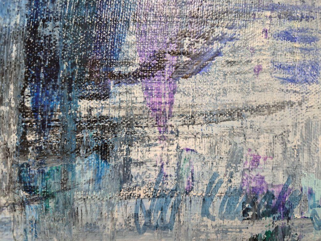 This artwork immerses the viewer in a dreamlike urban landscape, characterized by a blend of abstraction and subtle representation. The painting is dominated by a palette of muted blues and grays, interspersed with strokes of vibrant yellow,