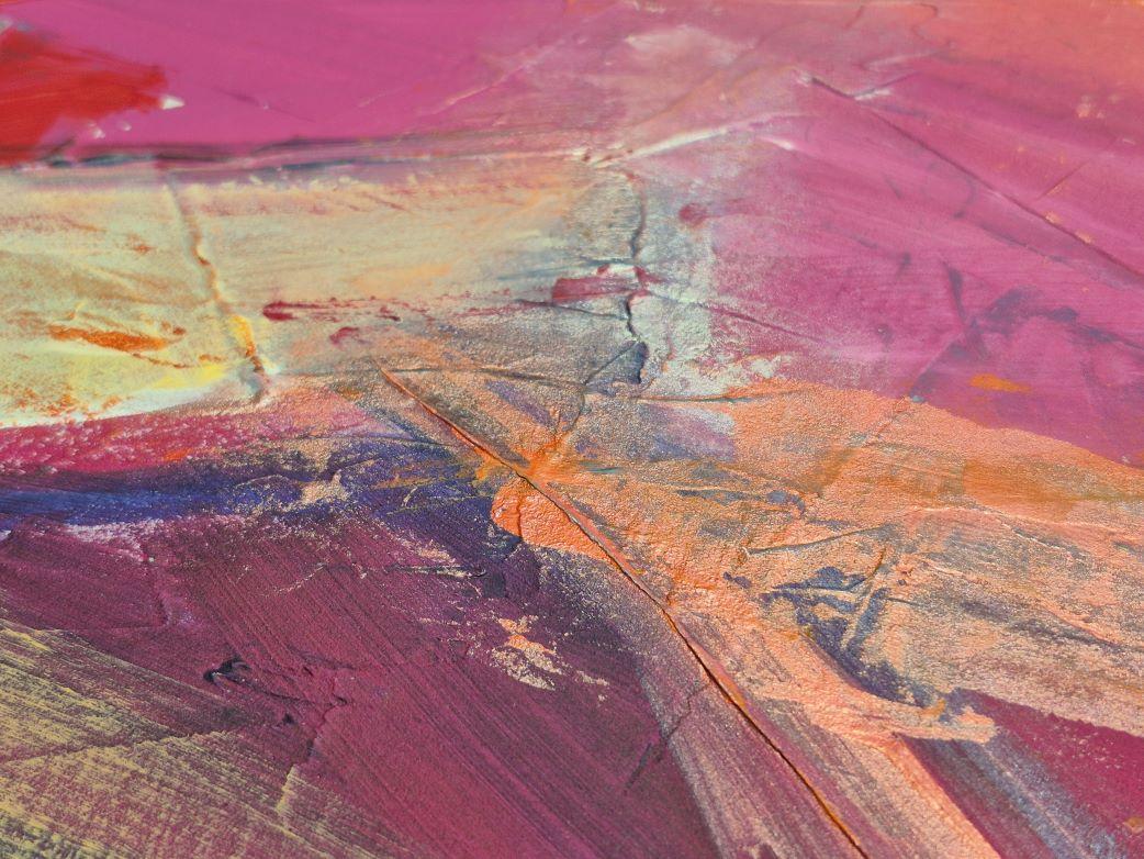 Fishermen’s small boat harbor backside - Pink Abstract Painting by Lea Karvala