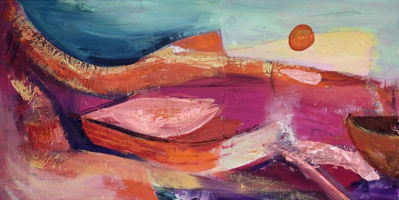 Lea Karvala Abstract Painting - Fishermen’s small boat harbor backside