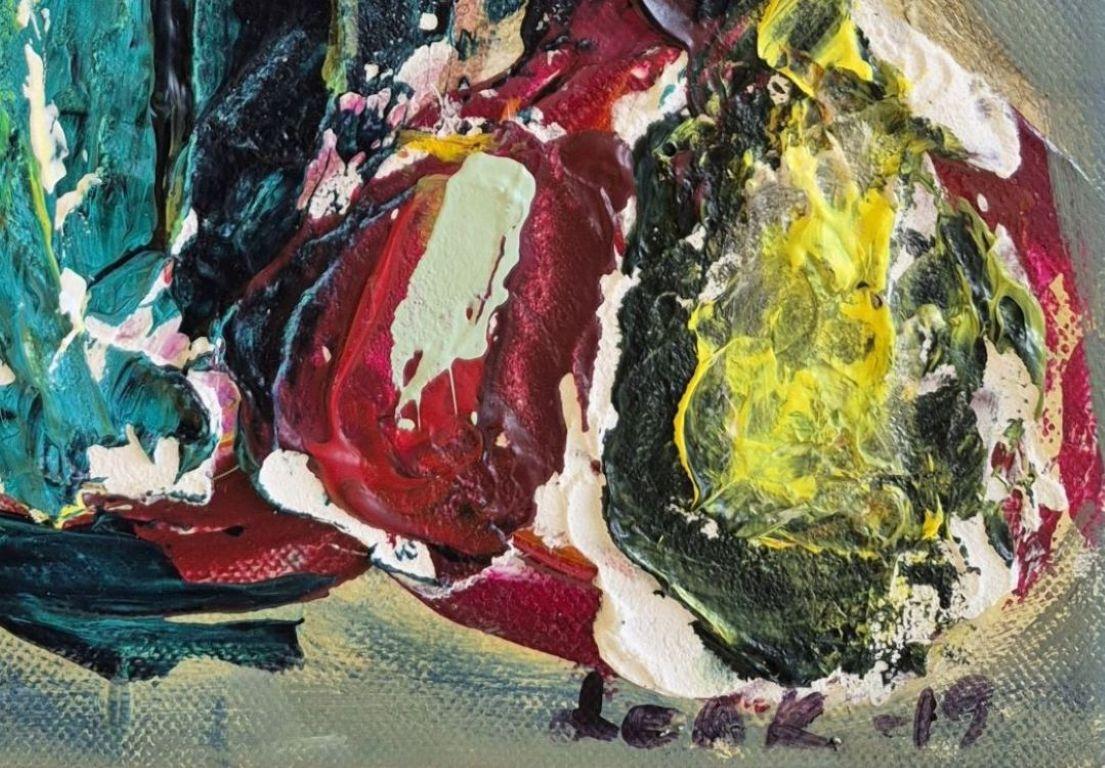 Flowers and pear - Gray Still-Life Painting by Lea Karvala