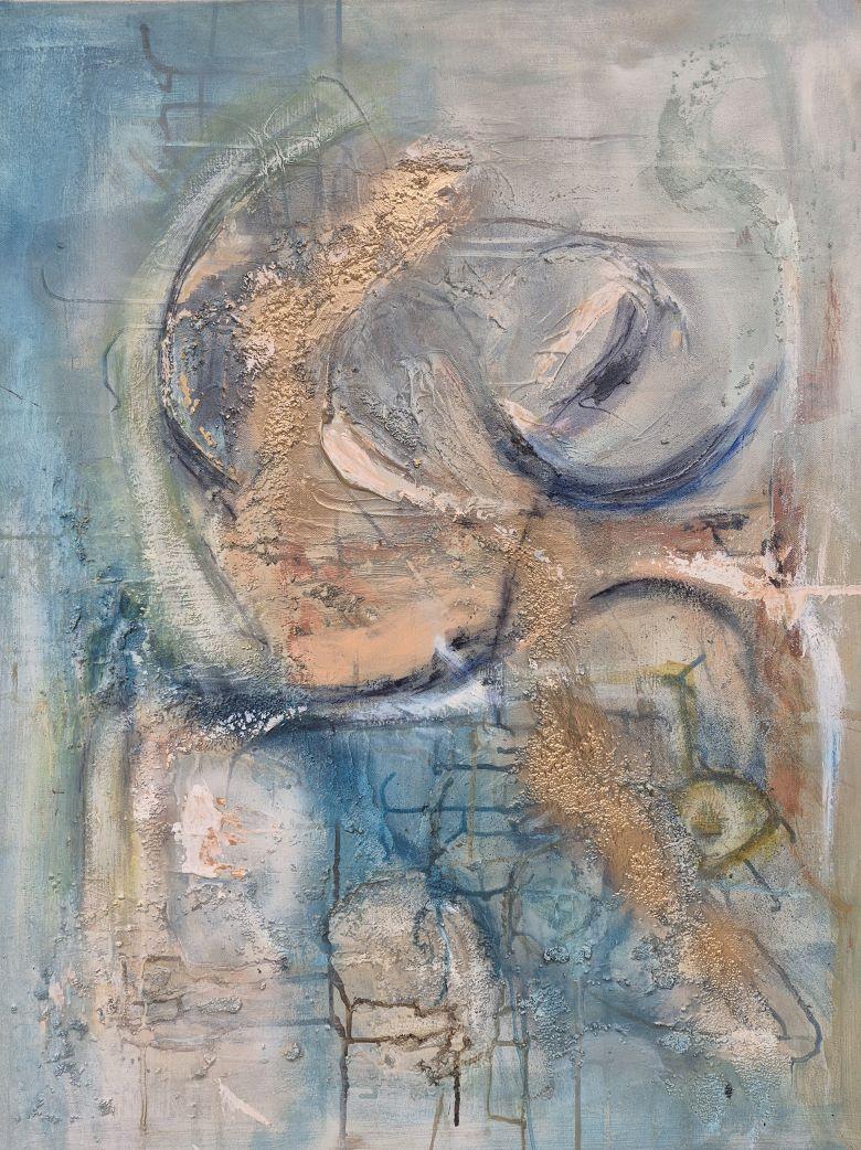 This artwork captures a dynamic interplay of textures and colors, evoking a sense of movement and depth. Dominated by soft blues and earthy tones, the piece suggests an abstract landscape or dreamlike seascape. Textural variations, created through